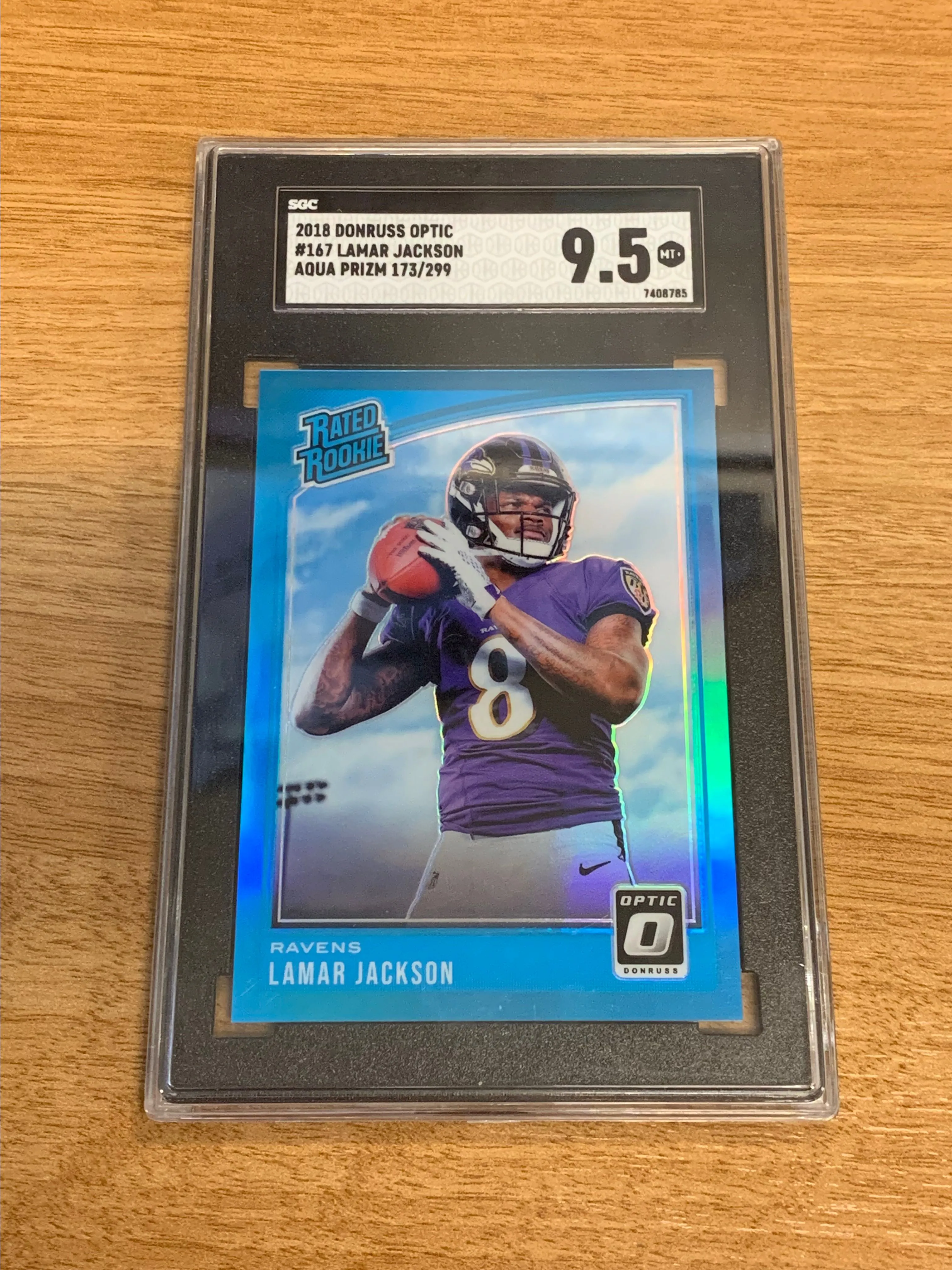 Product image for Lamar Jackson 2018 rated rookie optic Aqua /299 rookie SGC 9.5 Ravens