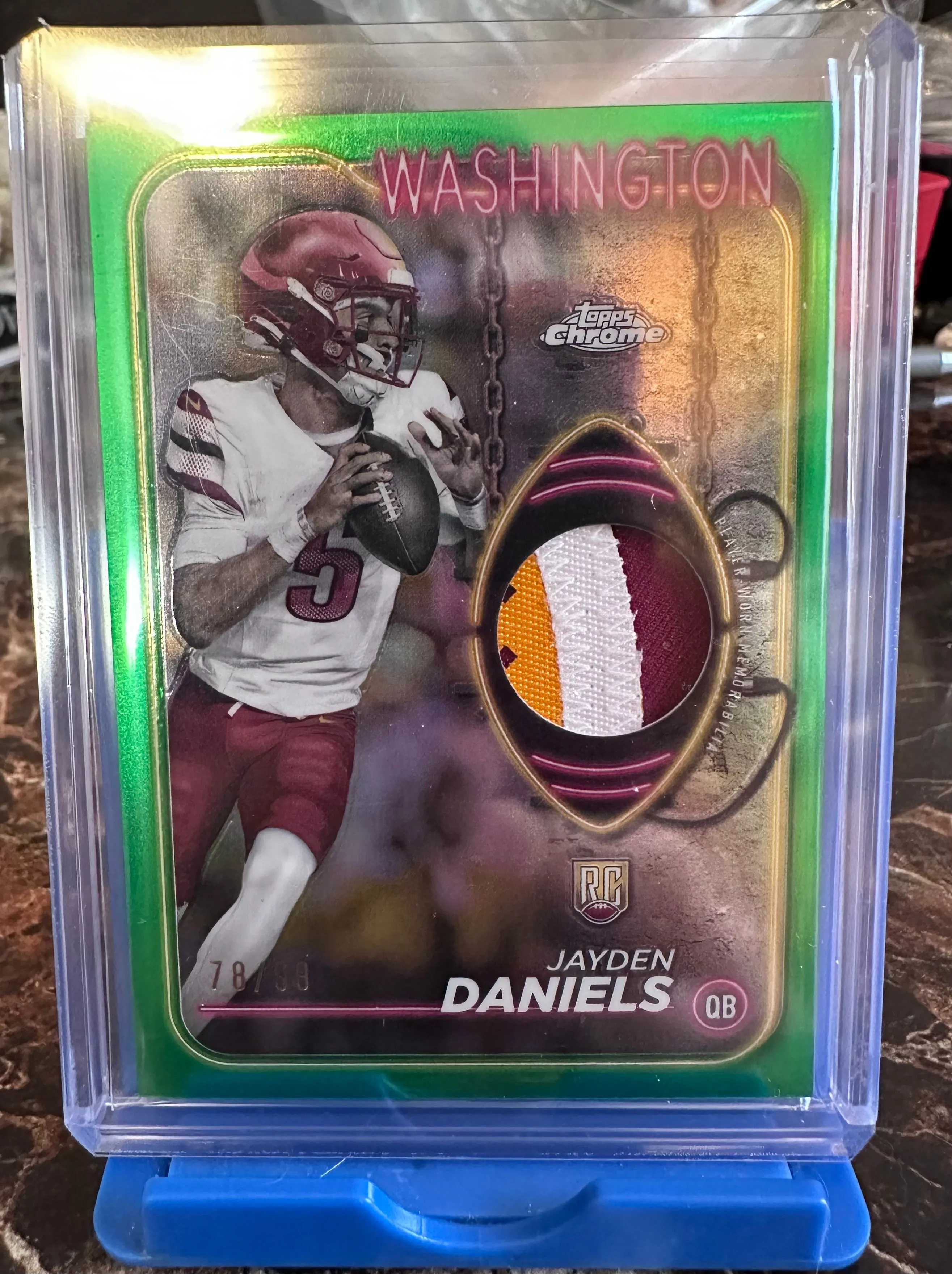Product image for 2024 Topps Chrome Jayden Daniels RC Green Refractor /99 Relic Patch - Player Worn #CRR-JD