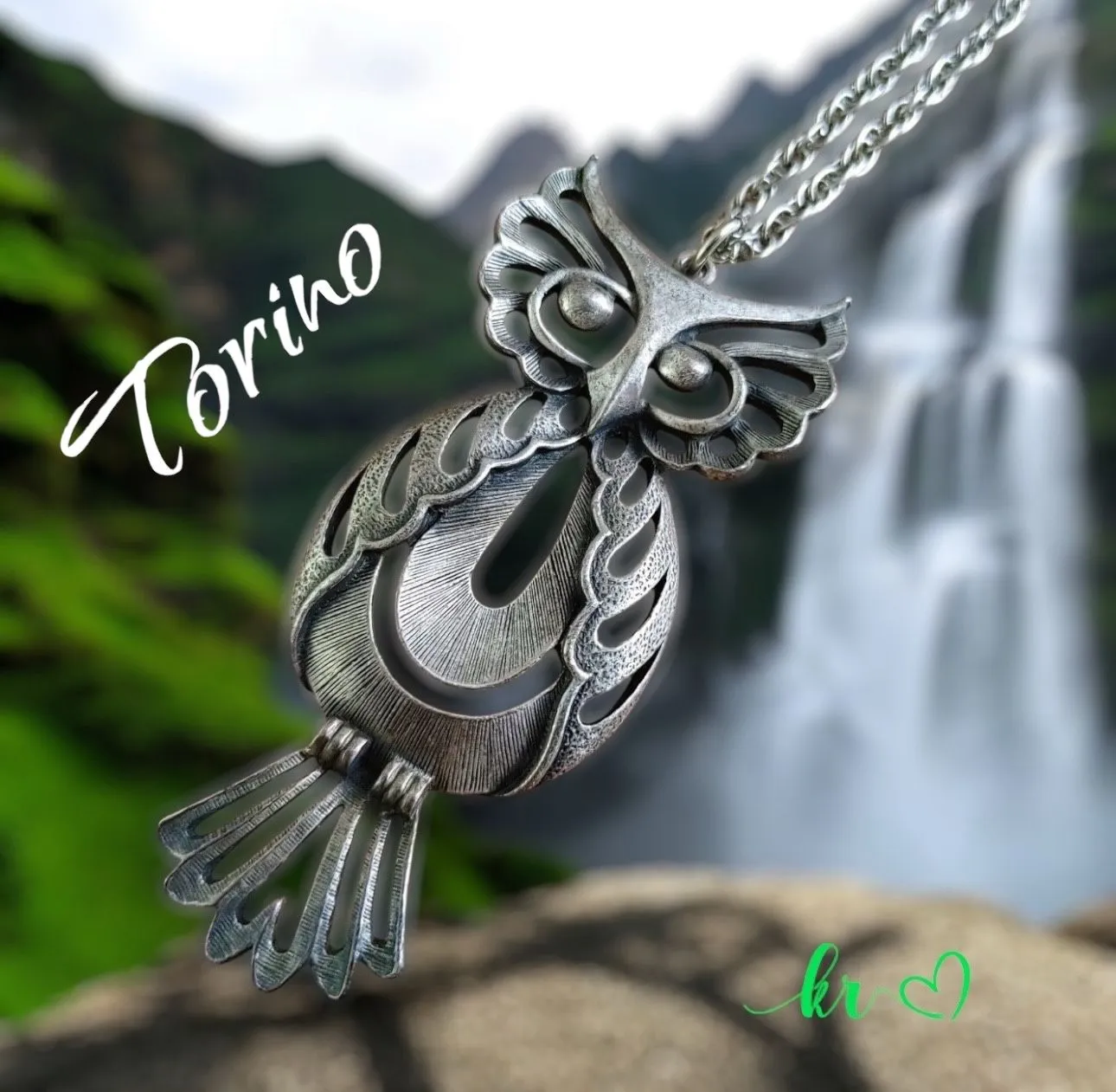 Product image for 1970’s Vintage Modernist Torino Pewter Articulated Owl Pendant 3.25” Necklace 24”
