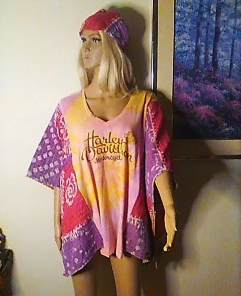 Product image for Harley Davidson Kantha Tunic Pink Tie Dye 2 XL & Under V-Neck Upcycled Boho OOAK
