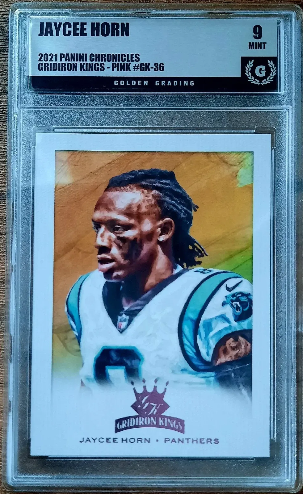 Product image for Jaycee Horn 2021 Panini Chronicles Gridiron Kings #GK-36 Pink RC Insert Golden Grading (GG) 9 Mint