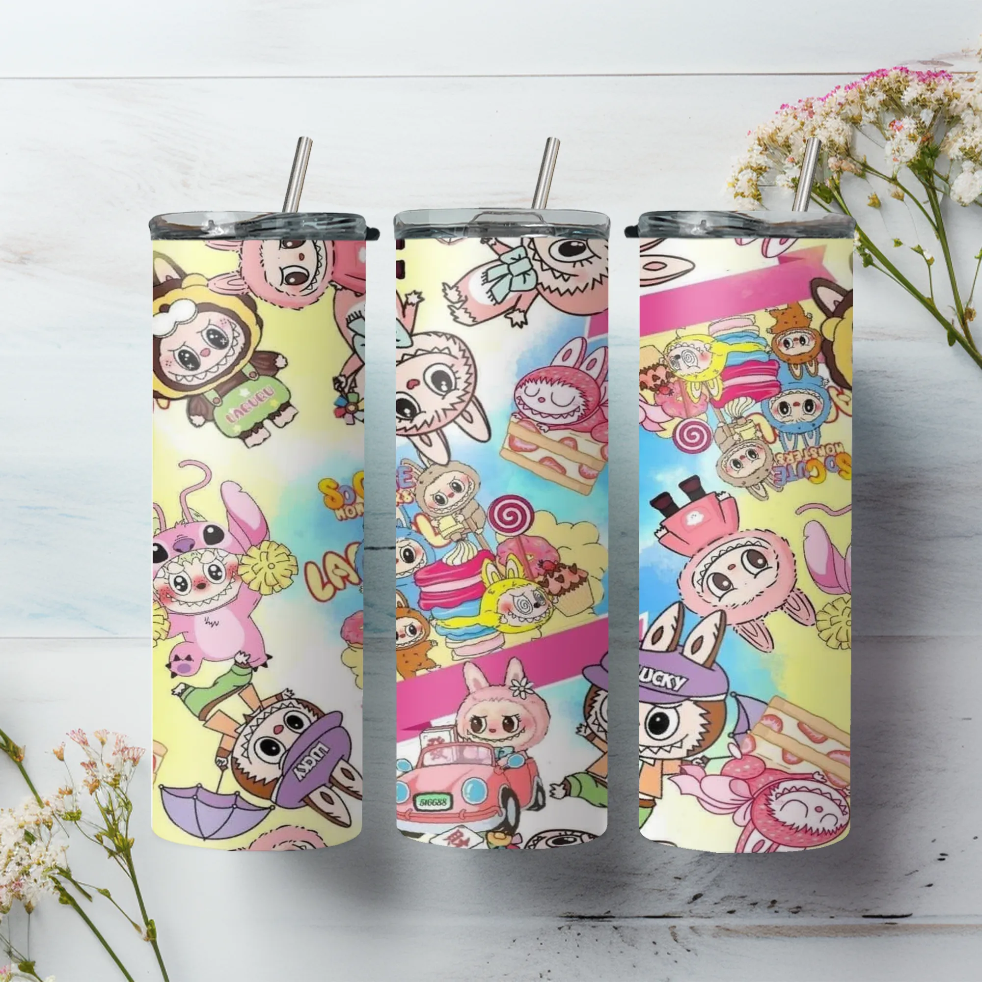 Product image for Labubu 20oz stainless steel reusable tumbler with lid and straw