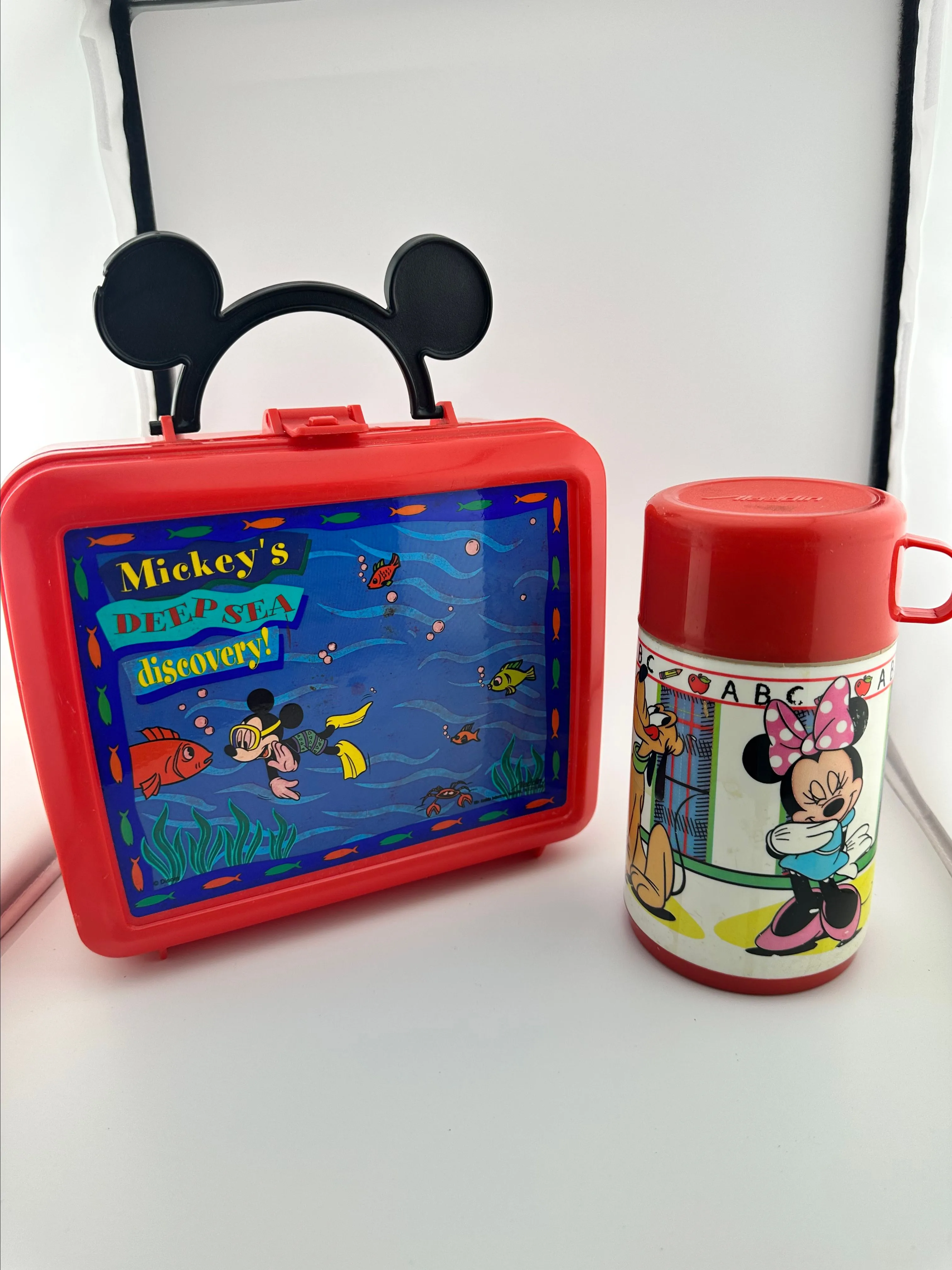 Product image for Vintage Mickey's Deep Sea Discovery! Aladdin Red Plastic Lunch Box, Thermos Mickey Mouse