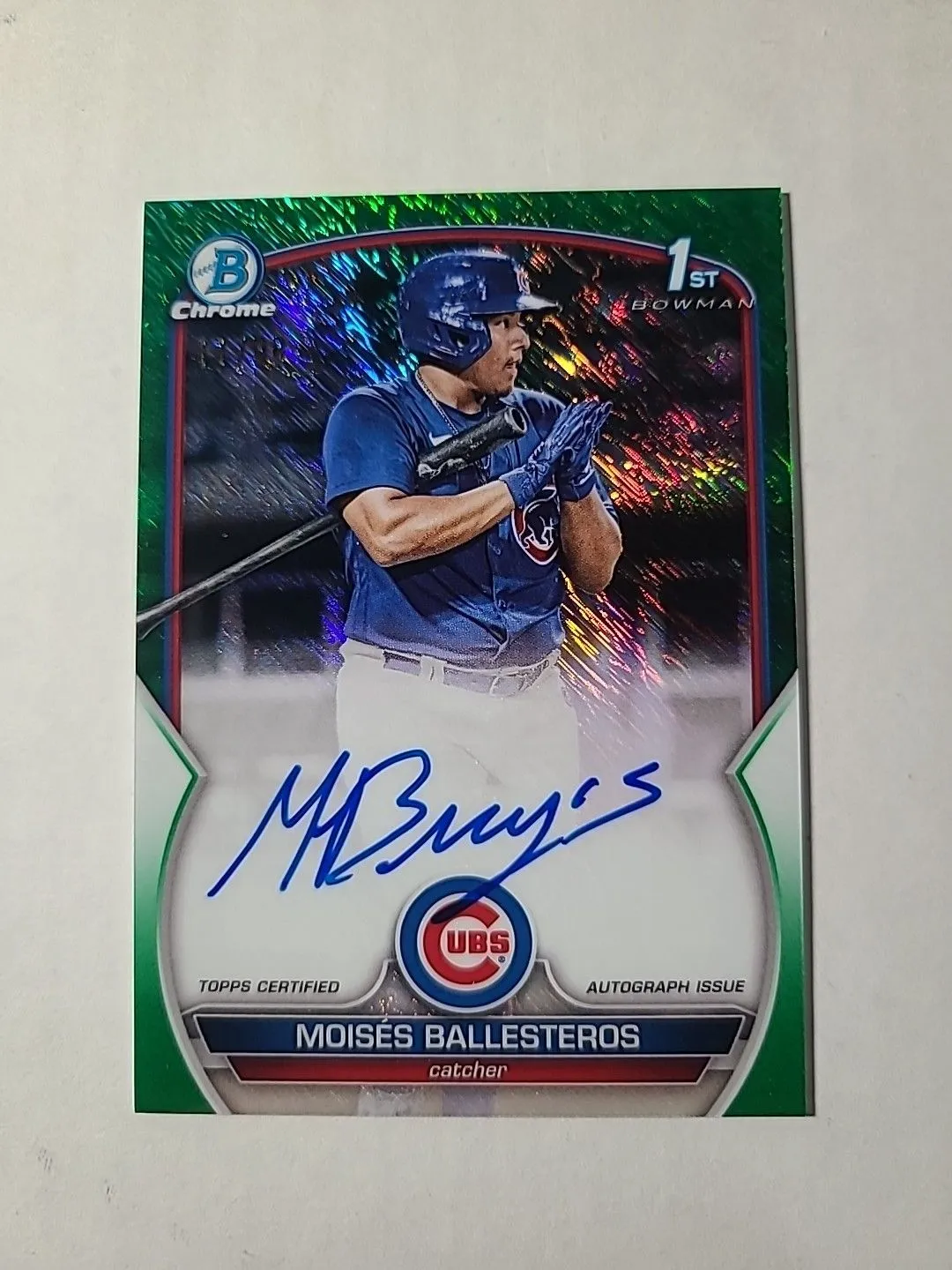 Product image for Moises Ballesteros Bowman Chrome 1st Green Shimmer Auto /99 Chicago Cubs 