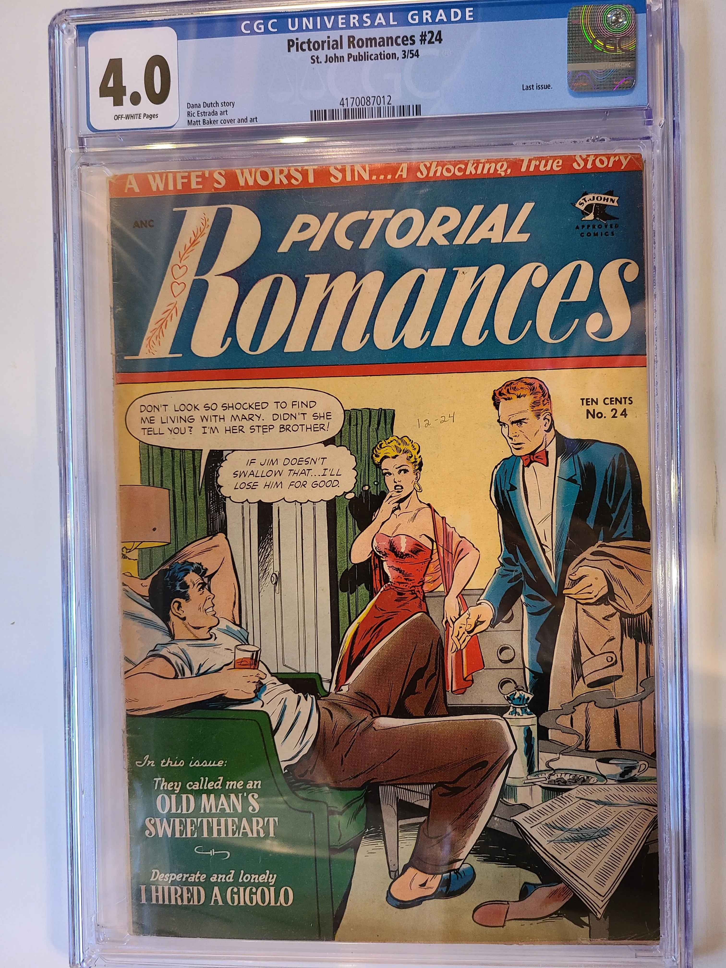 Product image for PICTORIAL ROMANCES # 24 ST JOHN 1954 CGC 4.0 MATT BAKER COVER AND ART LAST ISSUE