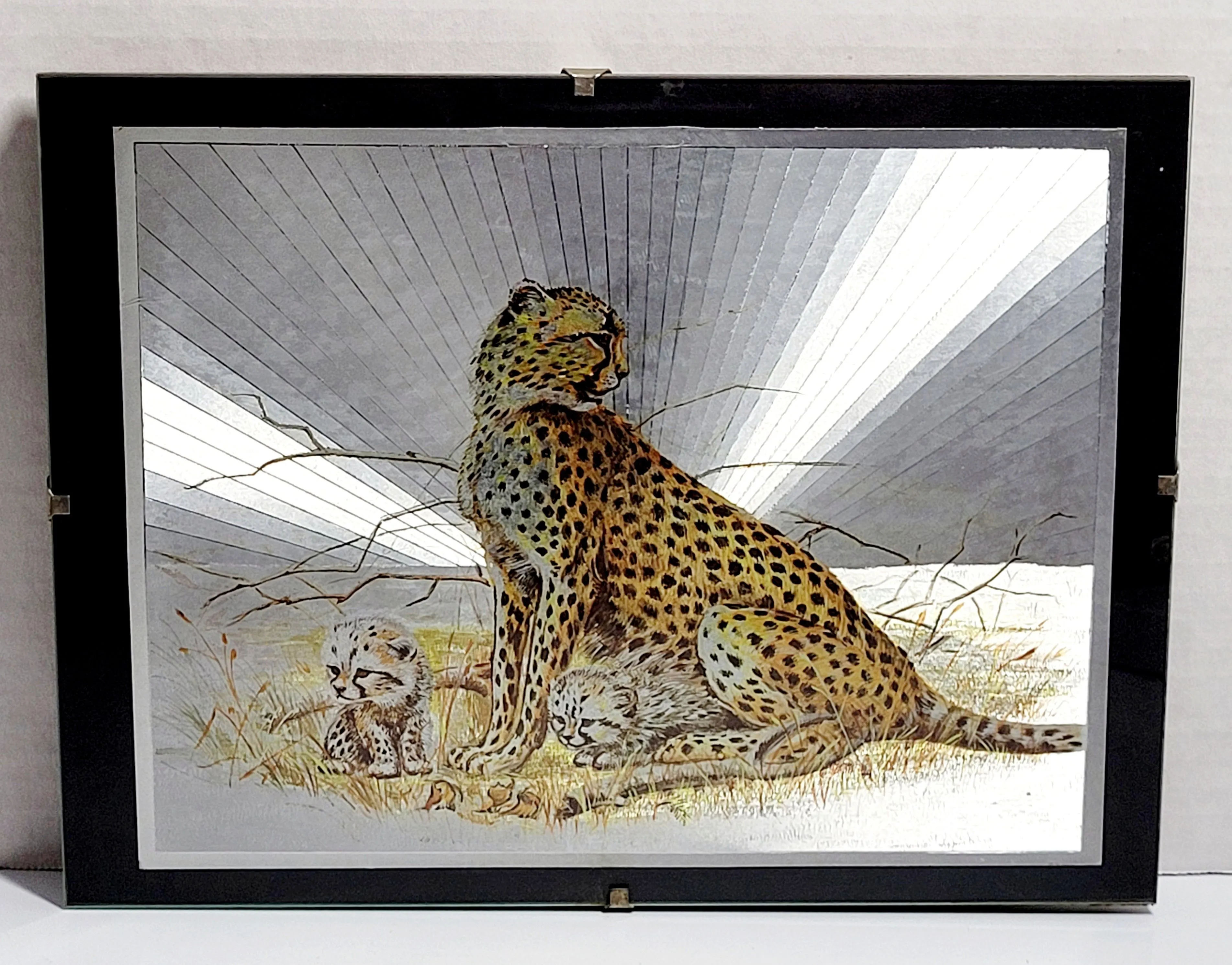 Product image for 1980s Josephine Marsh 9.5"X 7" Holographic Foil Art Print Cheetah Glass Frame Hanging Home Decor. Th