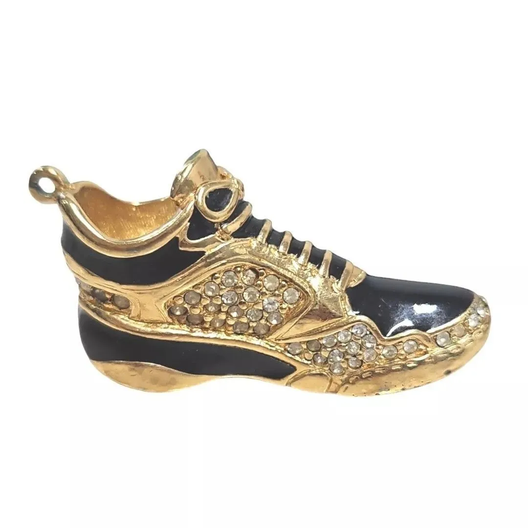 Product image for Vintage Swarovski Crystal Sneaker Pendant Gold Tone Black Enamel 