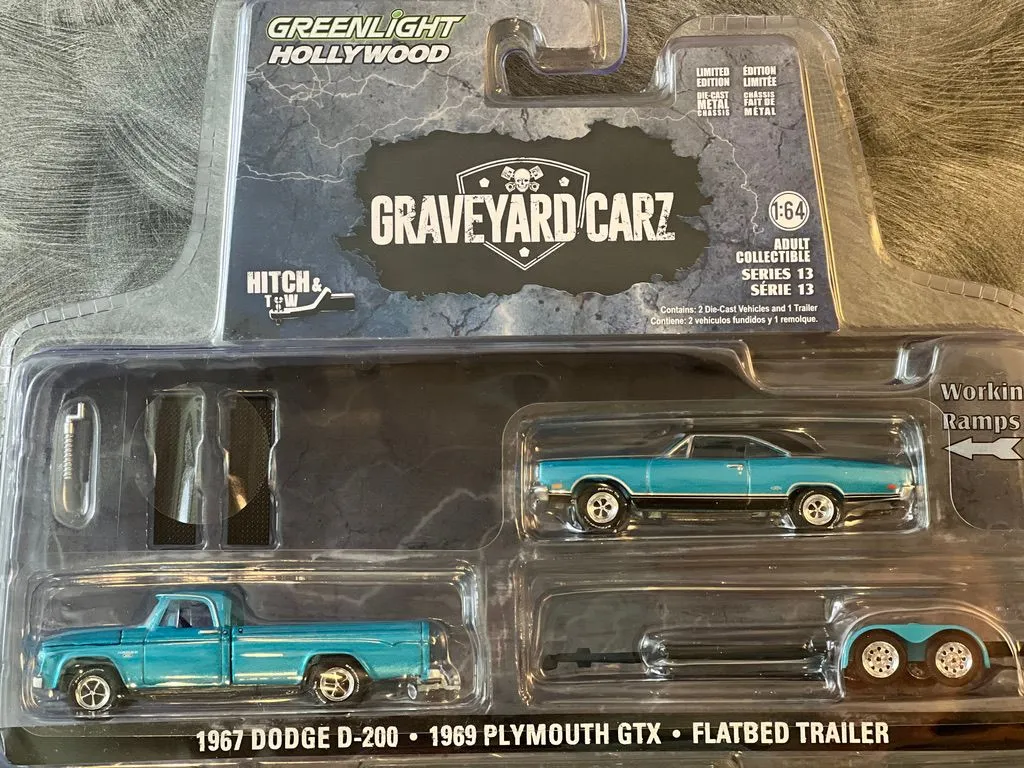 Product image for GL Hitch & Tow Hollywood - Graveyard Carz - 1967 Dodge D-200/1969 Plymouth GTX/Flatbed Trailer