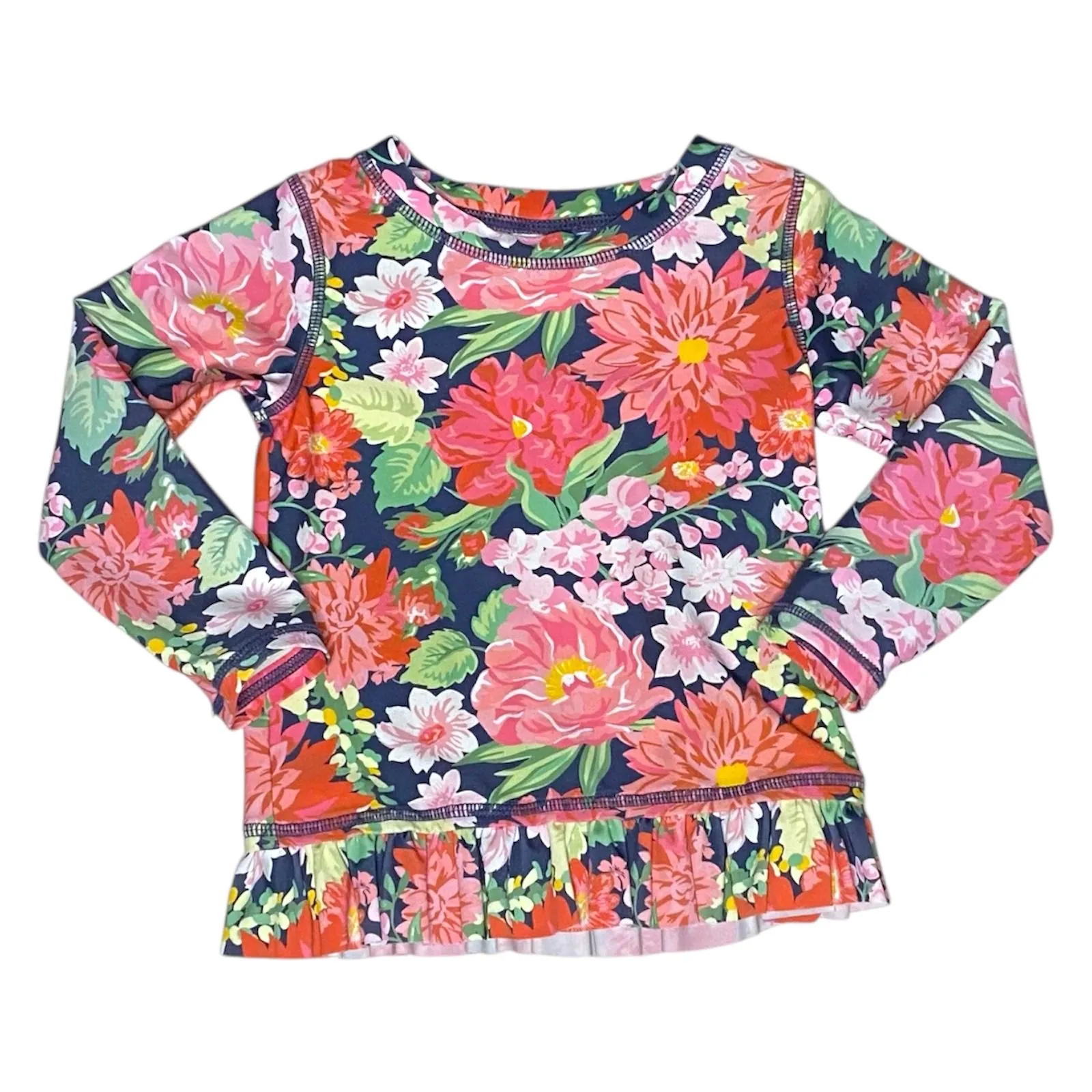 Product image for Ruffle Butts Tropical Floral Long Sleeve Peplum Rashguard Swim Shirt Size 2T