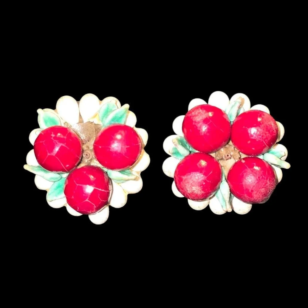Product image for 006 Vintage Germany Screwback Earrings Silvertone Cherries and leaves