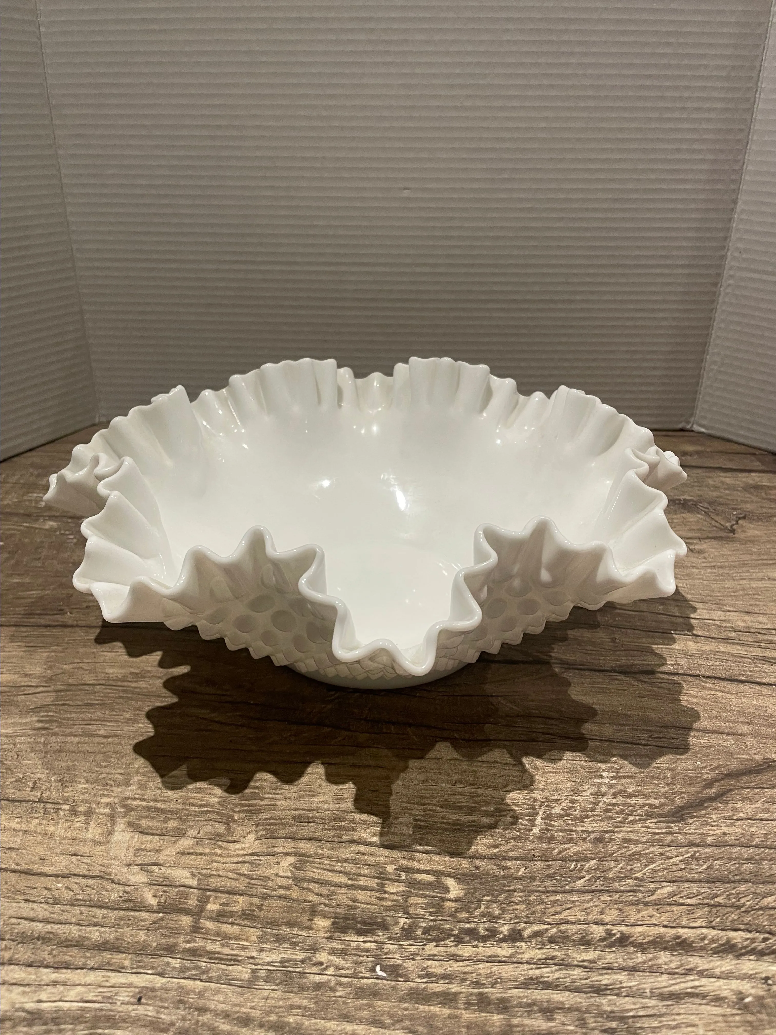 Product image for 755 Fenton Milk Glass Double Crimped Hobnail 12" Bowl