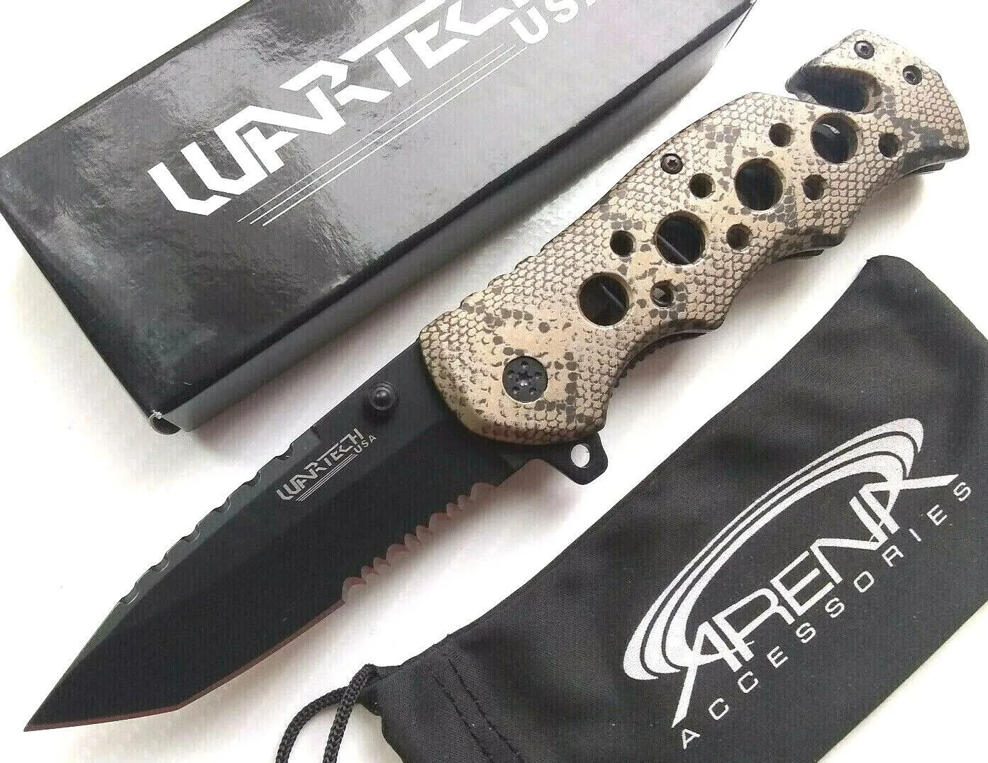 Product image for Spring Assisted Pocket Knife EDC Serrated Black Tanto Blade Flipper Snake Skin