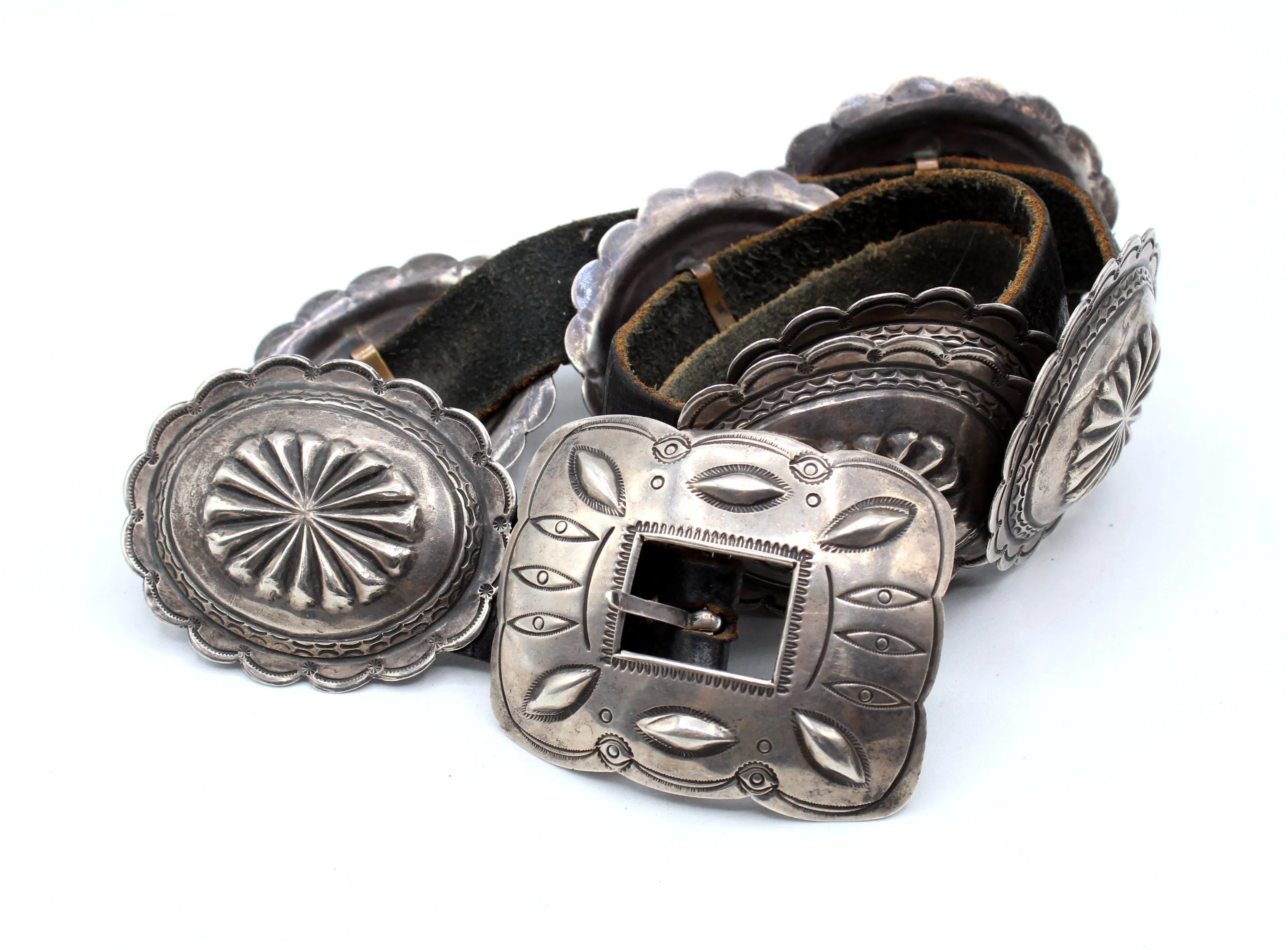 Product image for Vintage Repousse Sterling Silver Concho Leather 38" Belt 346g