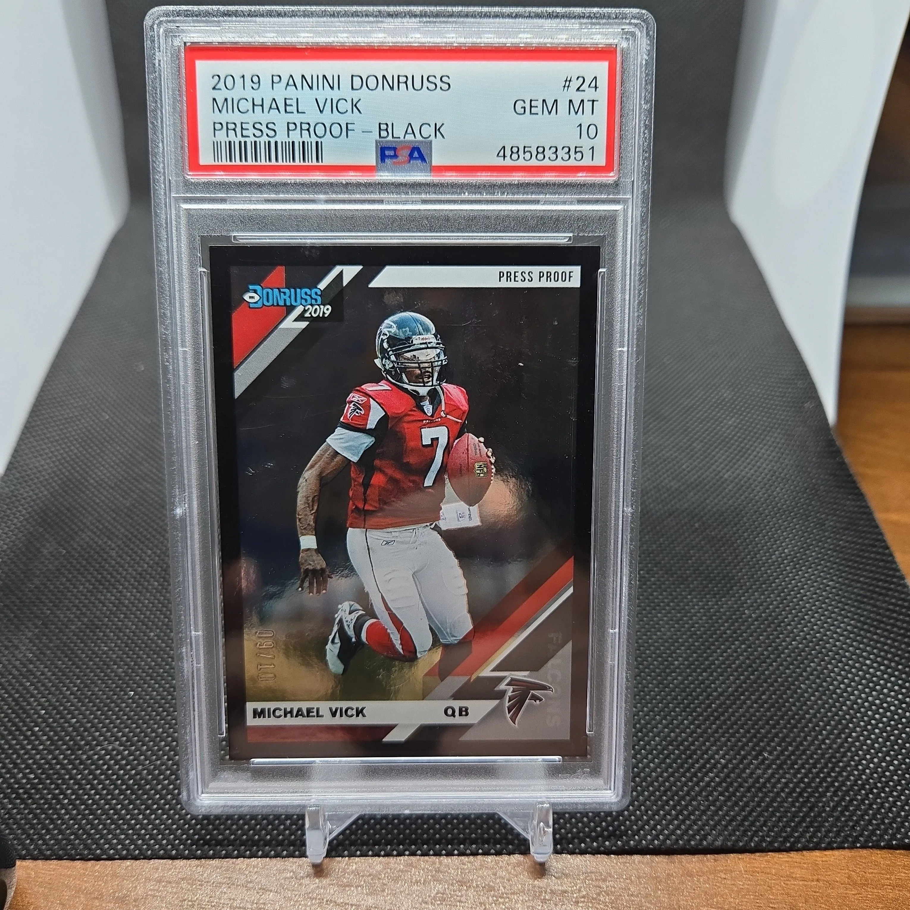 Product image for 2019 Panini Donruss Michael Vick 24 Press Proof-Black PSA GEM MT 10 Falcons