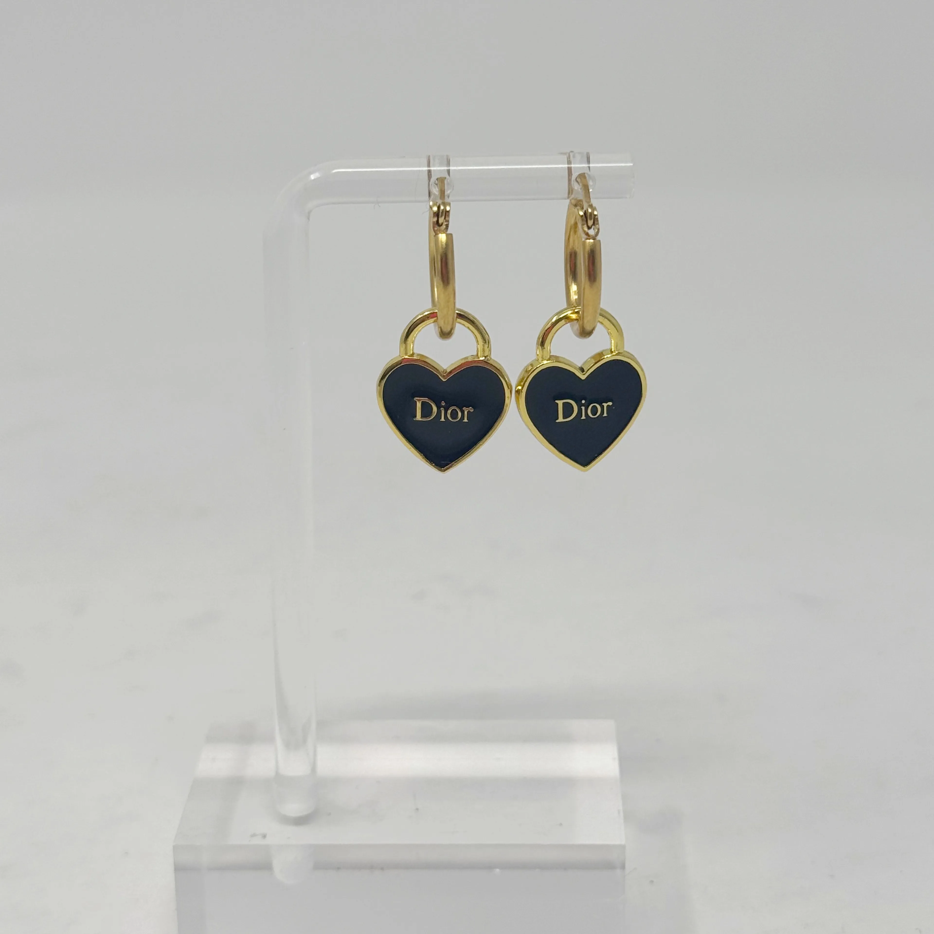 Product image for DIOR Upcycled Black/Gold Heart Hoop Earrings