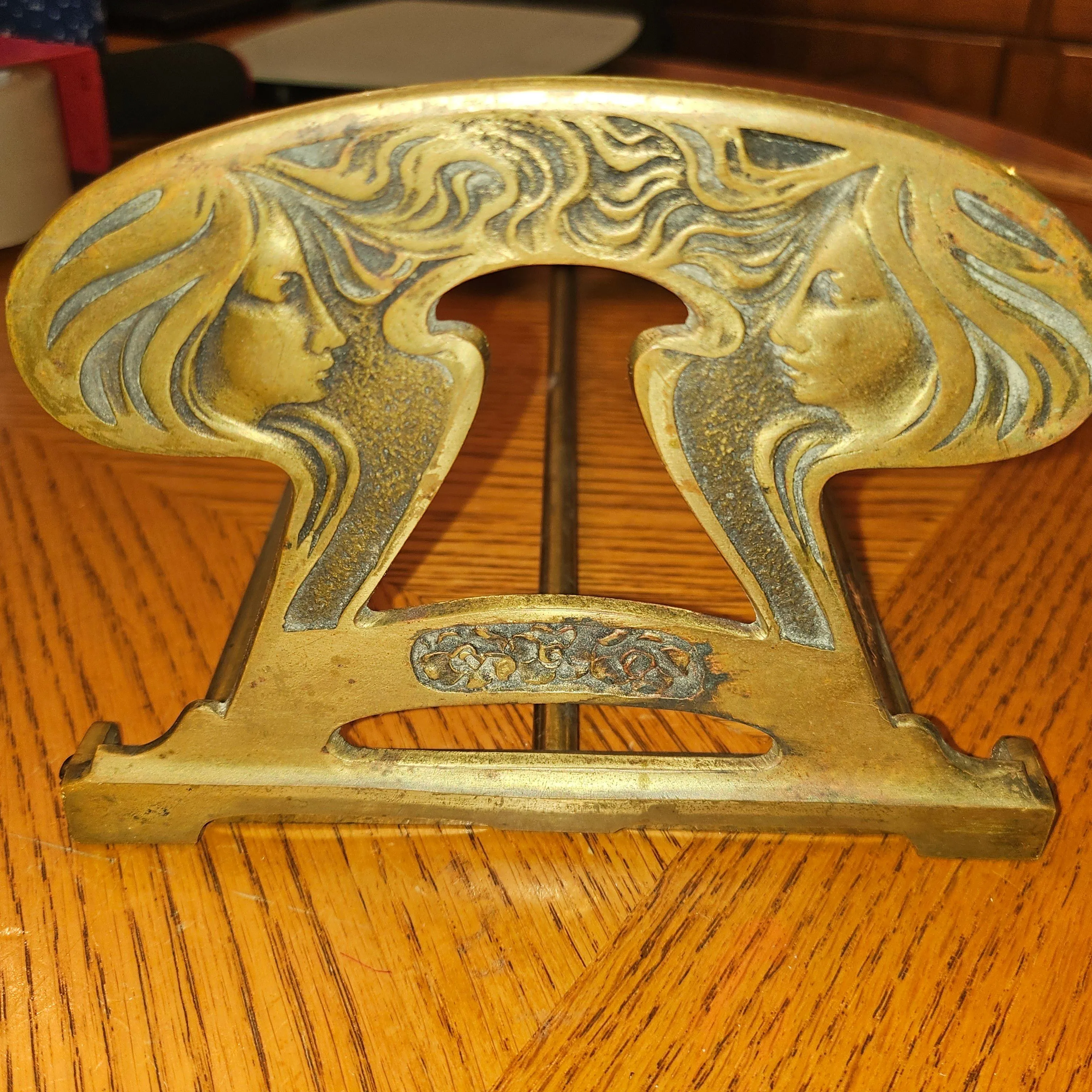 Product image for 1920s Art Nouveau Expandable Book Rack/Holder Elegant Nouveau Ladies Solid Brass & Metal Patina 