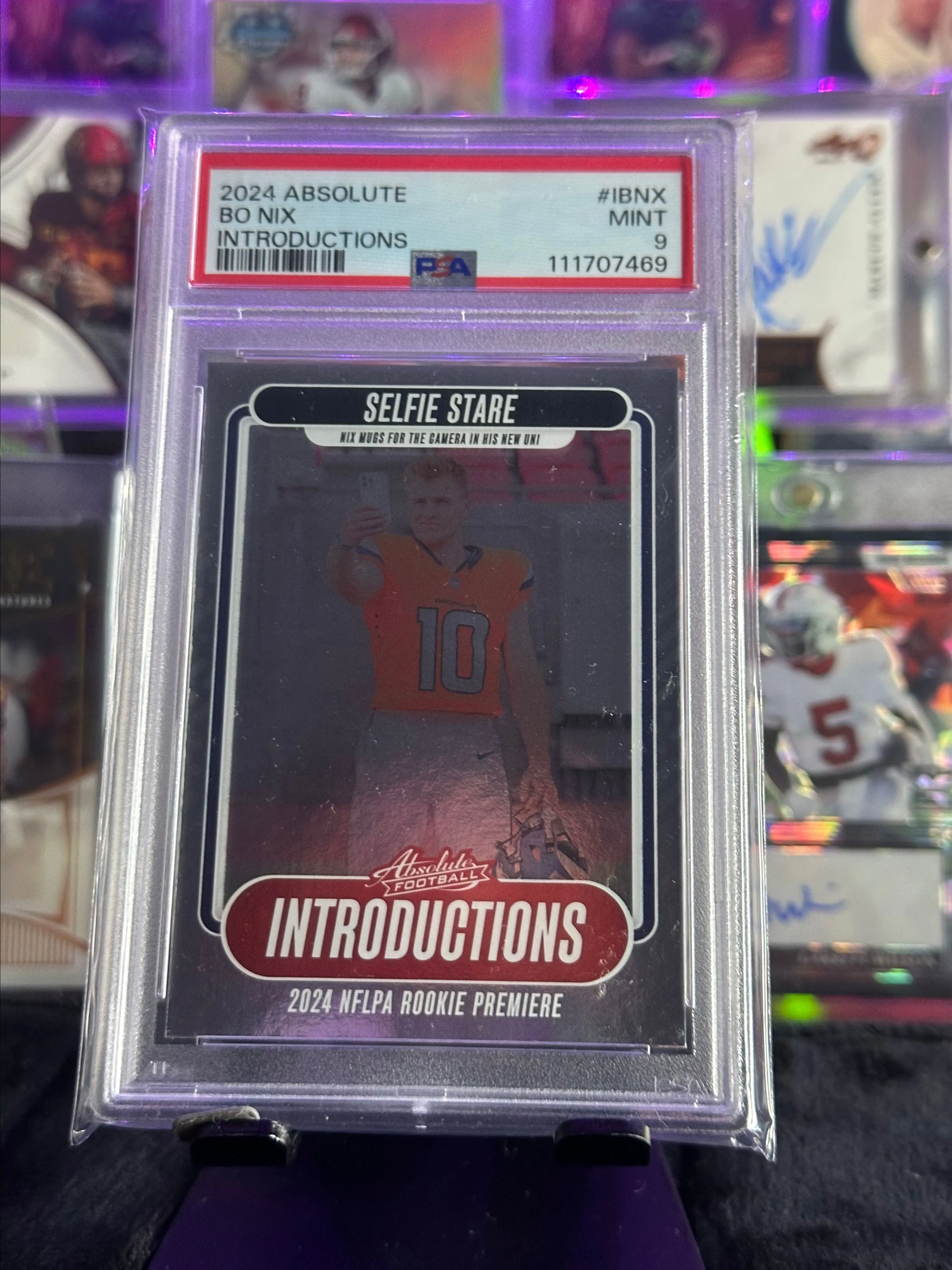 Product image for Bo Nix RC 2024 Panini Absolute Introductions Selfie Stare #I-BNX Denver Broncos PSA 9