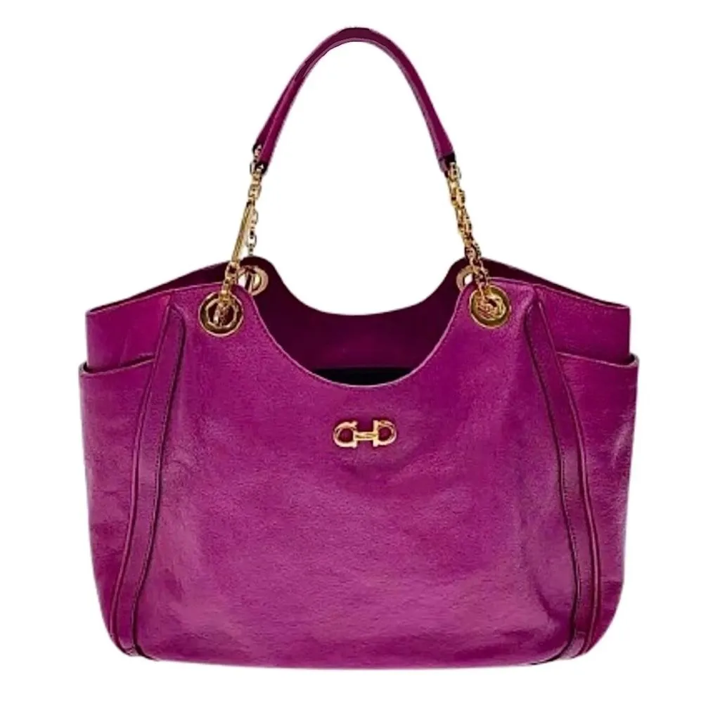 Product image for SALVATORE FERRAGAMO GANCINI Magenta Leather Betulla Shoulder Bag w/ Side Pockets