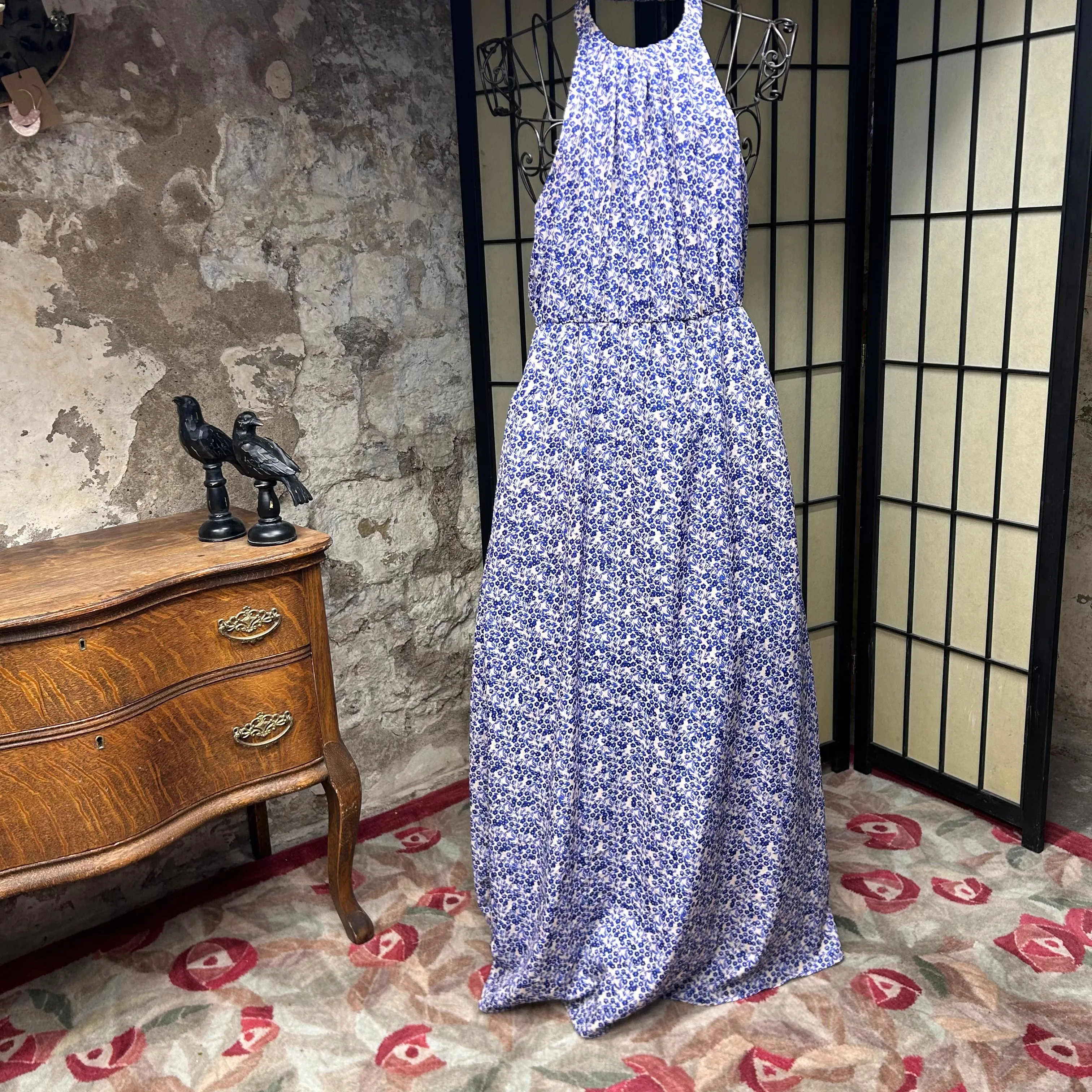 Jessica Simpson Beige Royal Blue Floral Halter Maxi Dress: Size Large