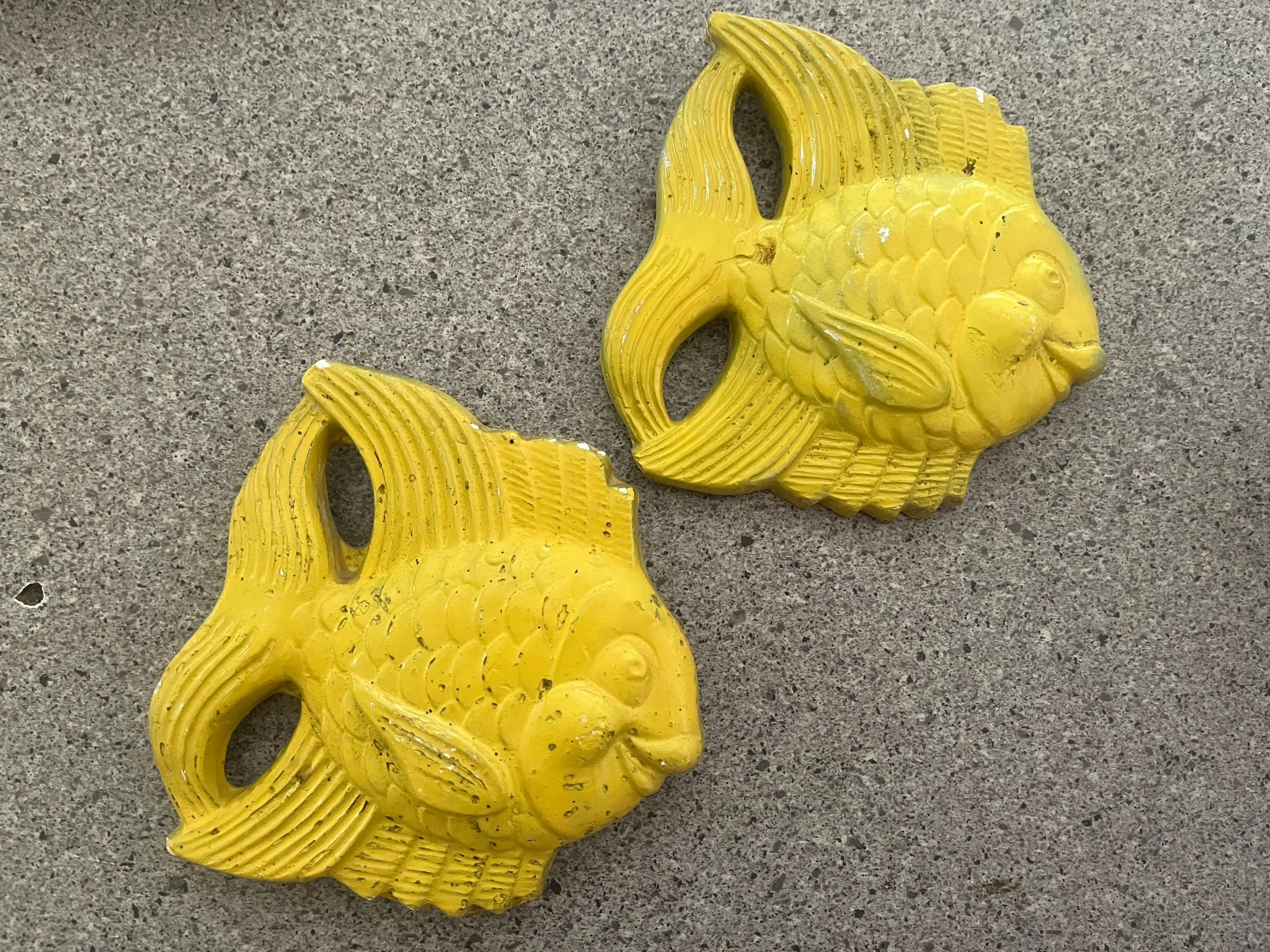 Product image for PAIR of yellow Chalkware MCM Fish Wall Plaques
