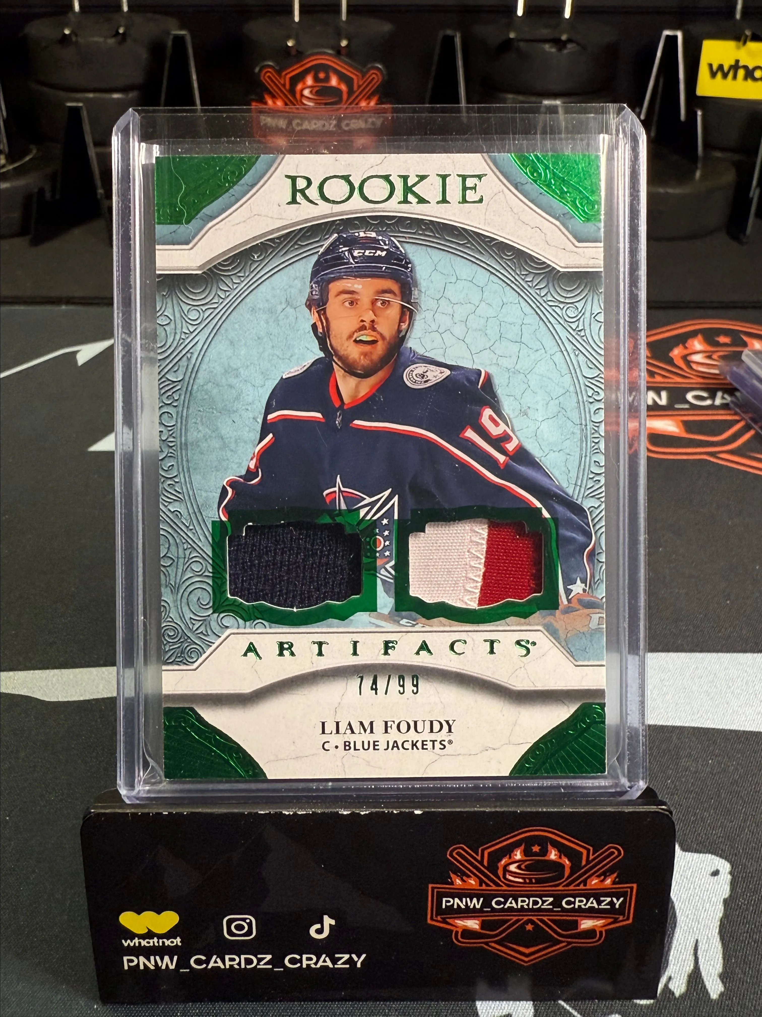 Product image for 2020-21 UD Artifacts Hockey Liam Foudy ROOKIE Green # /99 Dual Patch RC