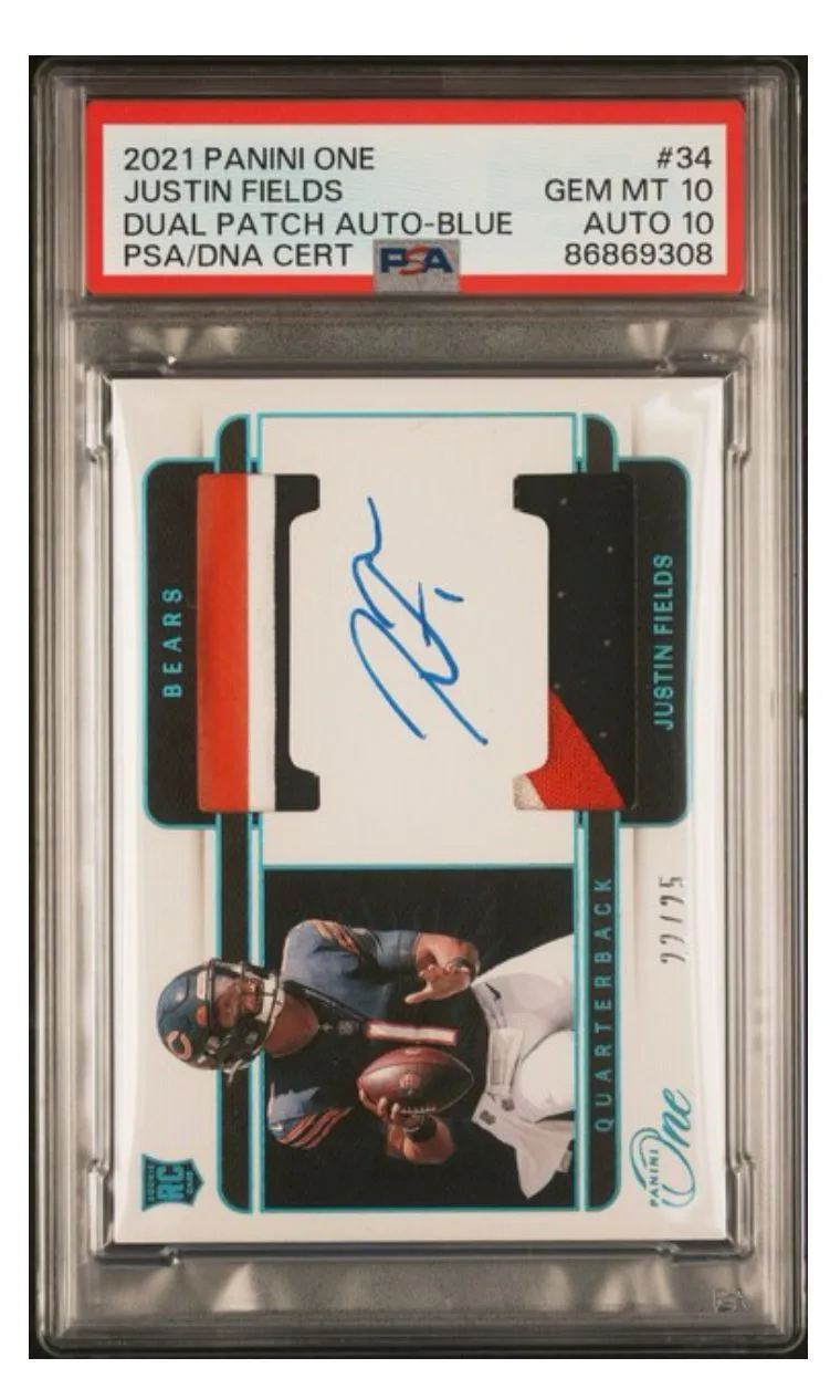 Product image for 2021 Panini One Justin Fields Dual Patch Auto Blue /25