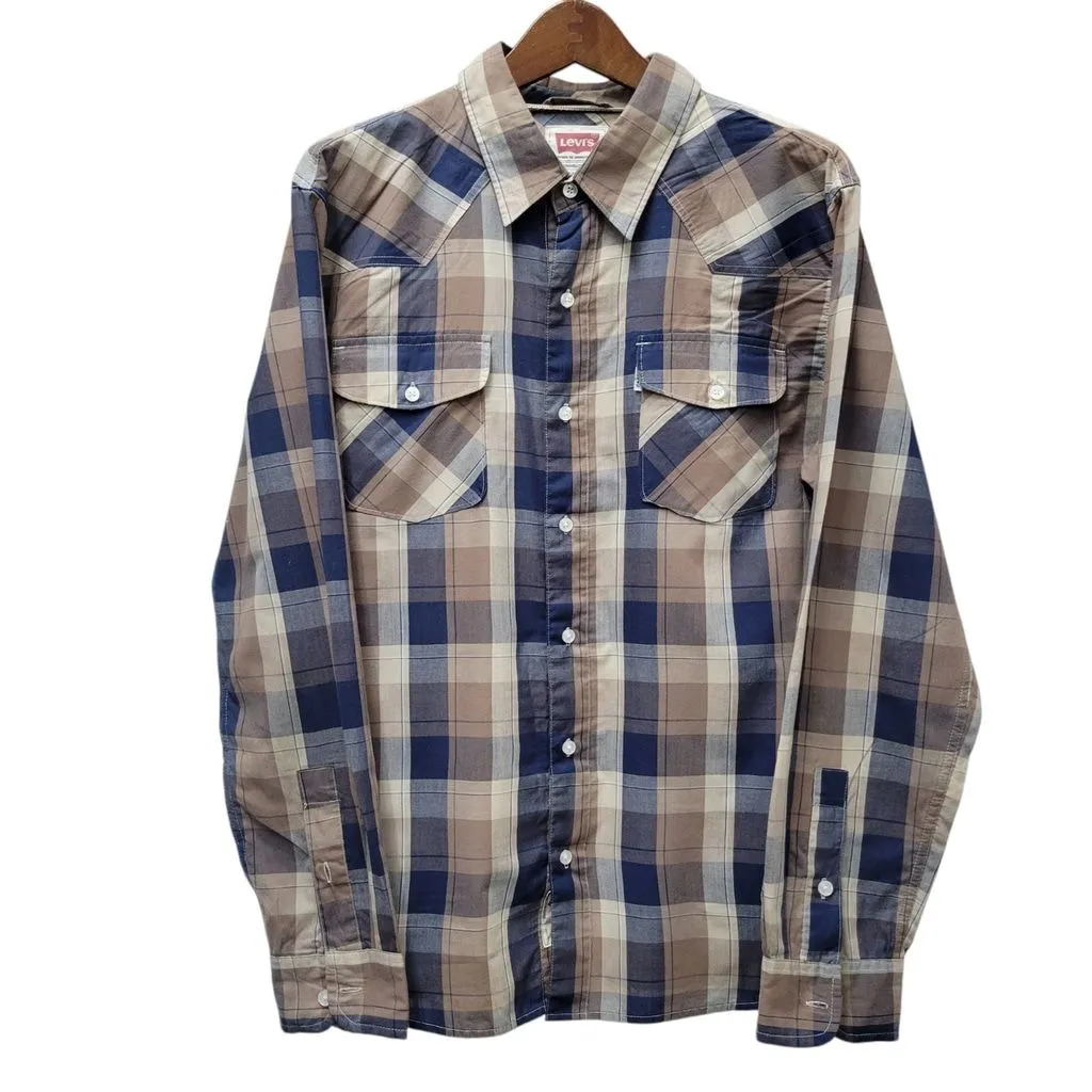 Product image for Levi's Western Button Shirt Men Large Brown Navy Check Cotton Chest Pockets