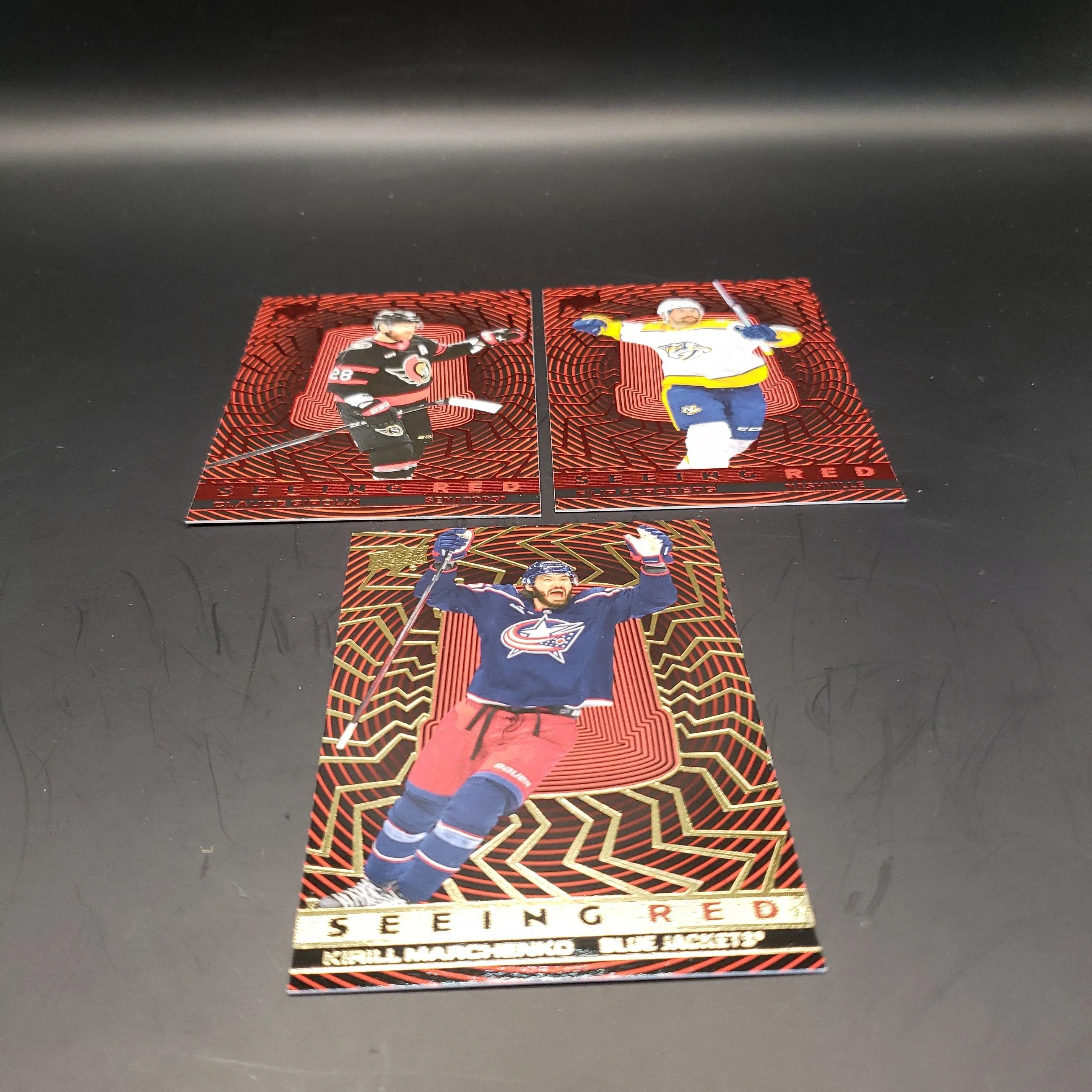 Product image for Lot Of 3 Seeing Red Cards Claude Giroux Filip Forsberg Kirill Marchenko Blue Jackets Predators Senators (Hockey)