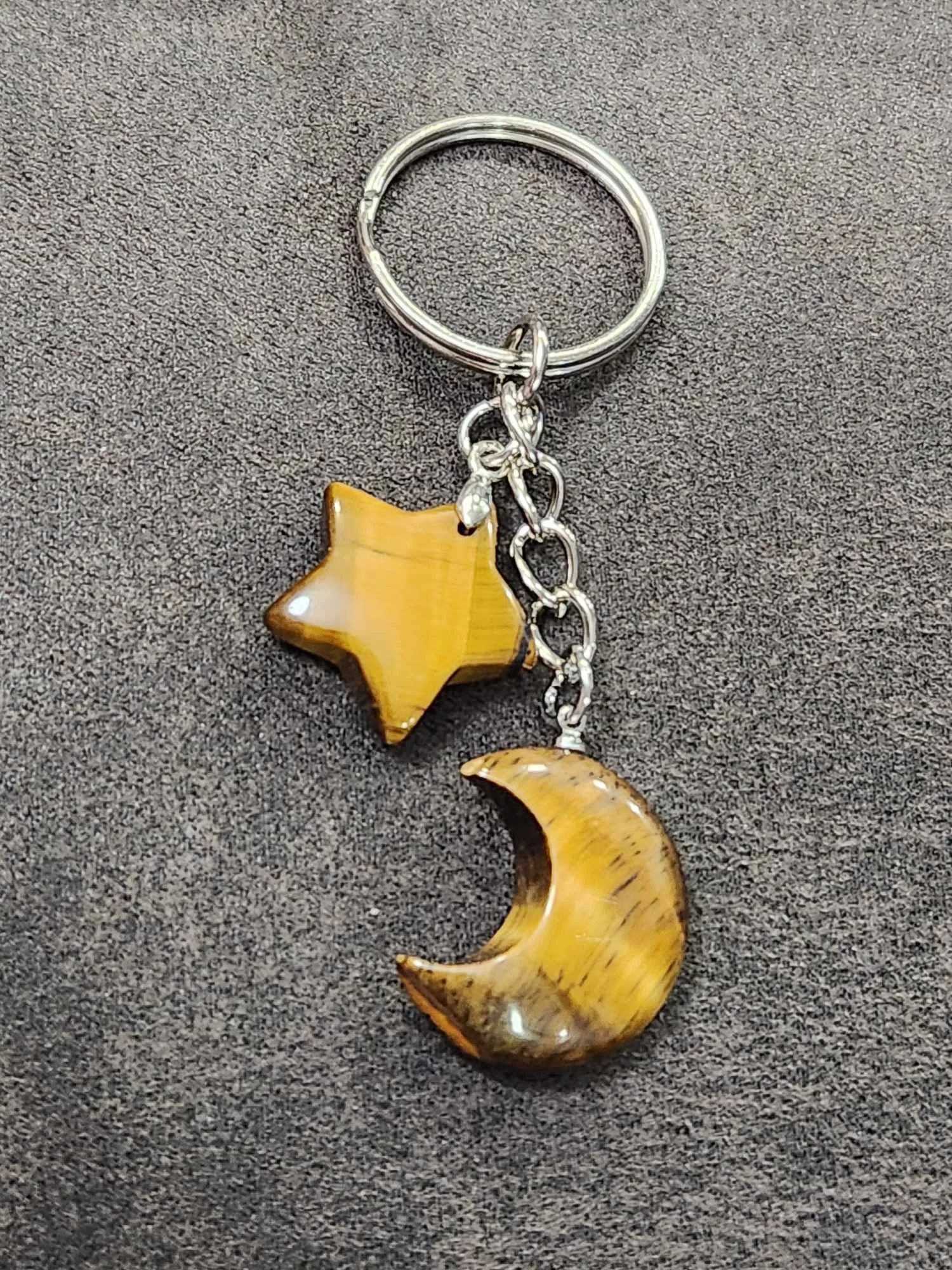 Product image for Silver Tiger's Eye Moon & Star Keychain   