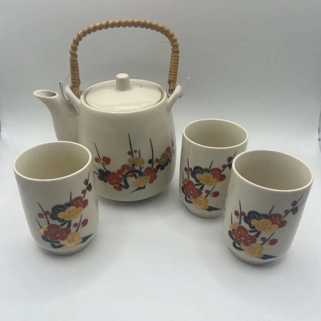 Product image for Vintage Kutani Japanese Orange Blossom Gold Saki Tea Set, Bamboo Handle 3 Teacups