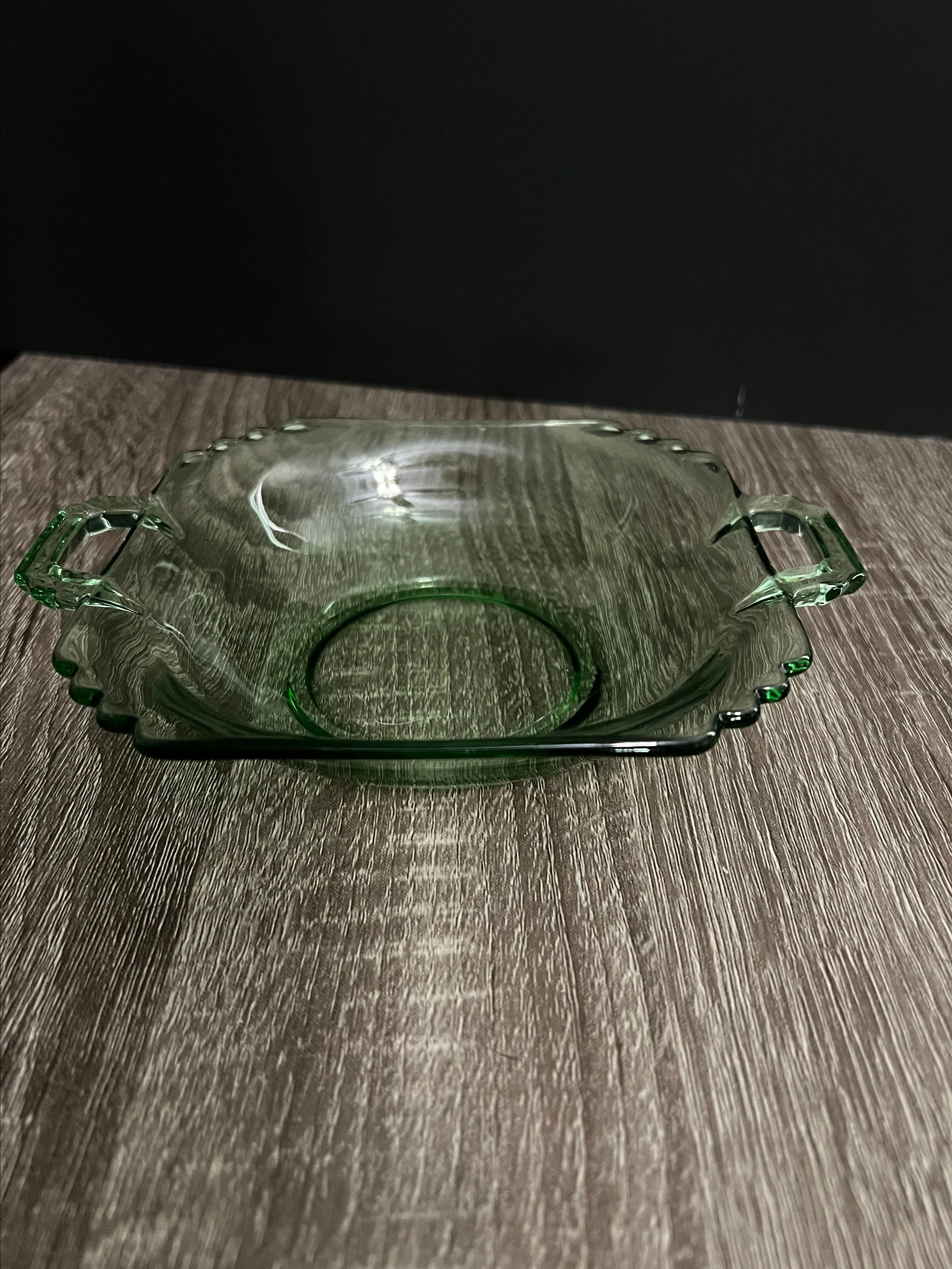 Product image for Fostoria Mayfair Green 2-Handle Uranium Lemon Jelly Plate #M22. Glows