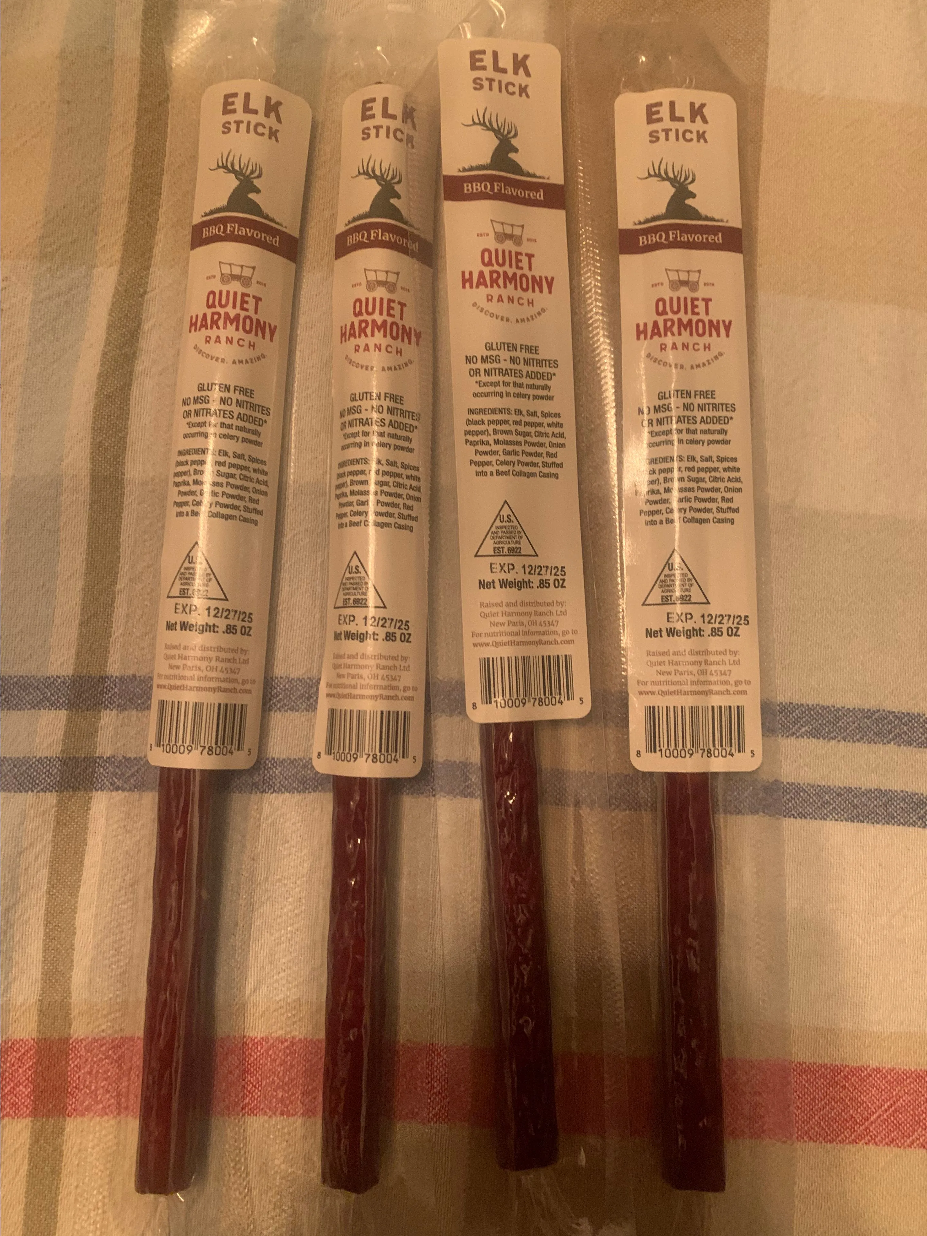 Product image for 4- 100% Elk Jerky BBQ style with zero fat, zero nitrites, zero nitrates, zero msg's, packed with 7 grams of protein only 60 calories