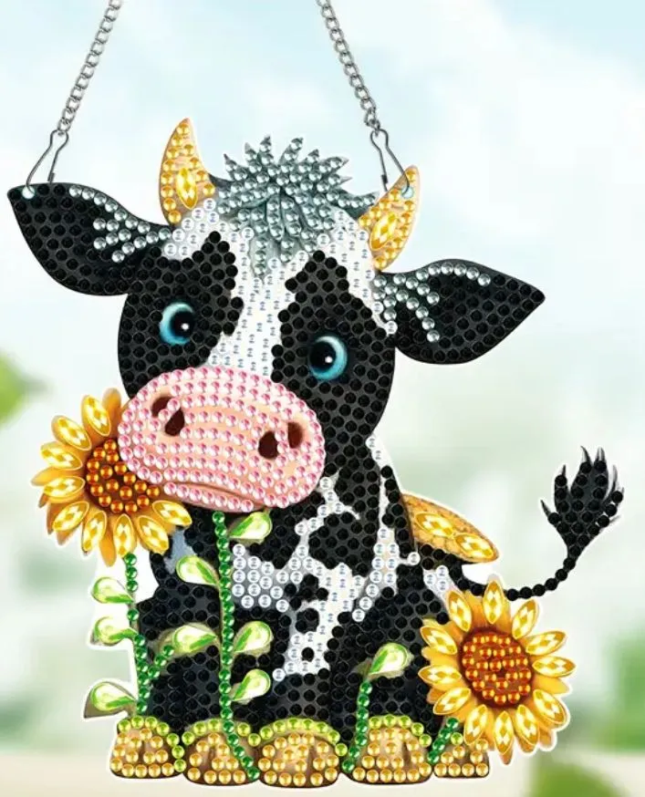 Product image for #2146 Cow with Sunflowers Wall Hanger Diamond Painting Art Kit