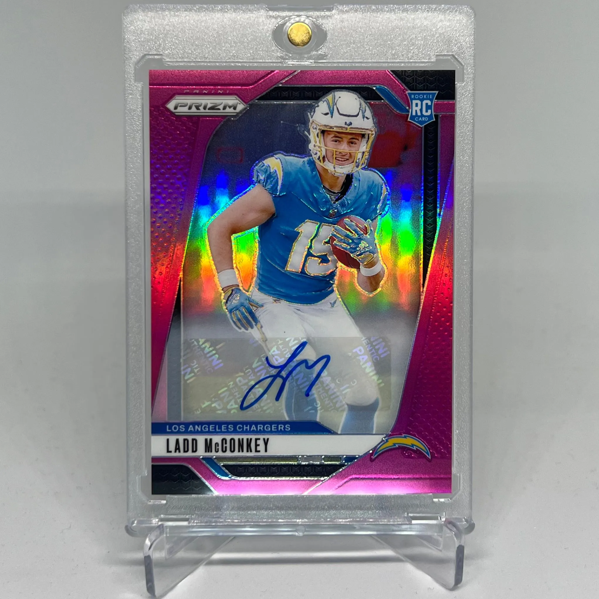 Product image for Ladd McConkey 2024 Panini Prizm Pink Prizm Auto #365 RC Chargers
