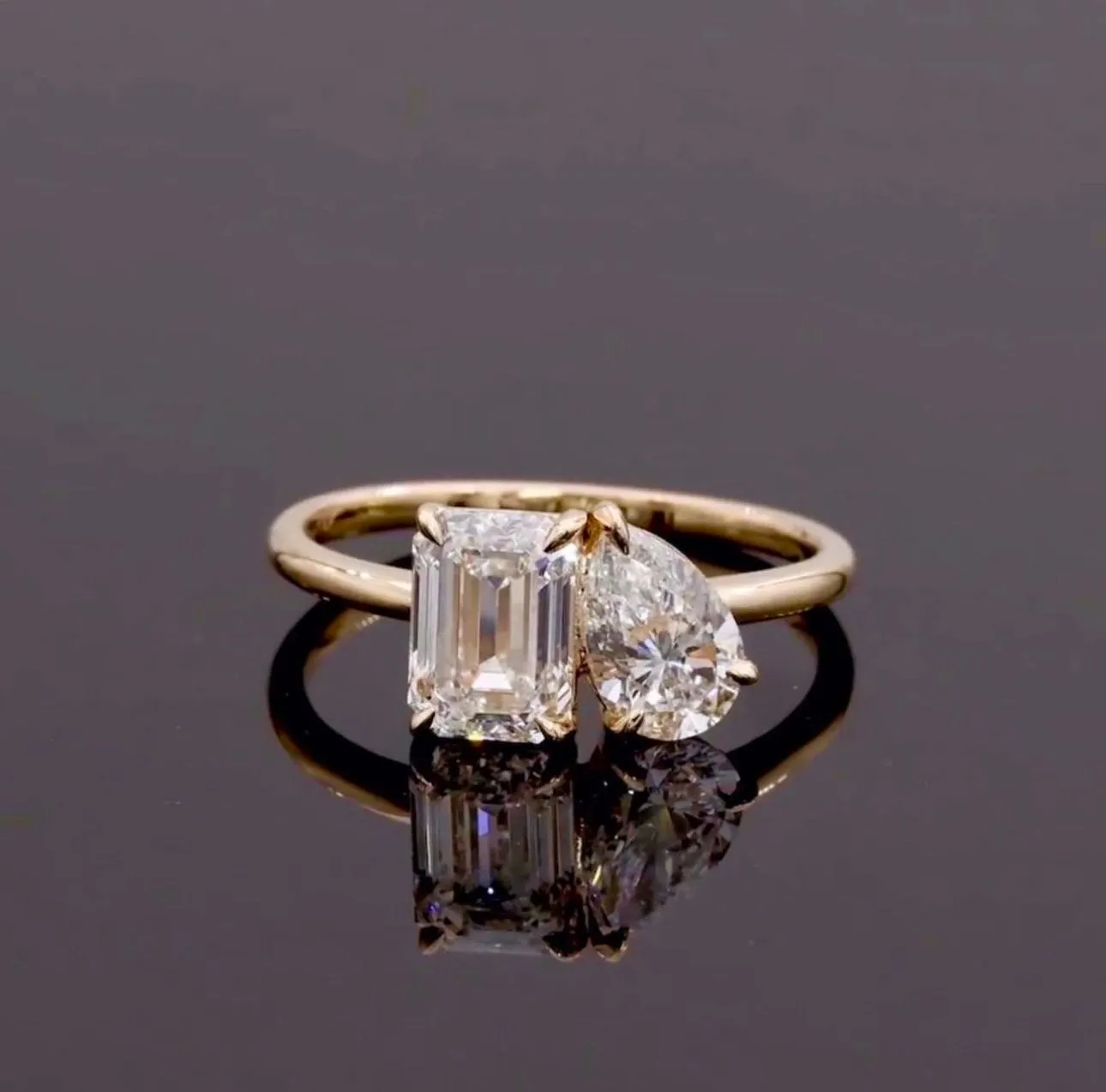 Product image for 2 Carat Toi et Moi Pear & Emerald Cut Moissanite Engagement Ring 925 Silver Band 18k Gold Plated