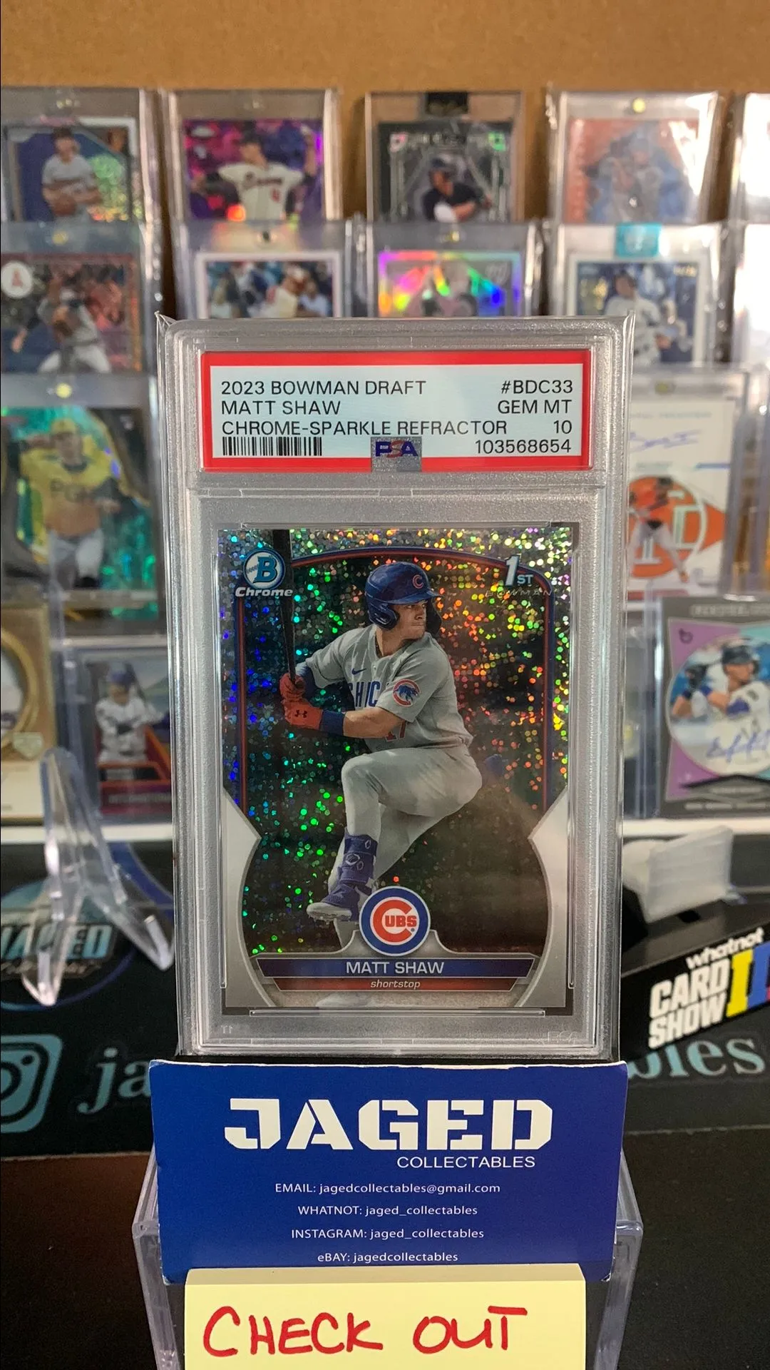 Product image for 2023 Bowman Draft Matt Shaw Sparkle Refractor PSA 10