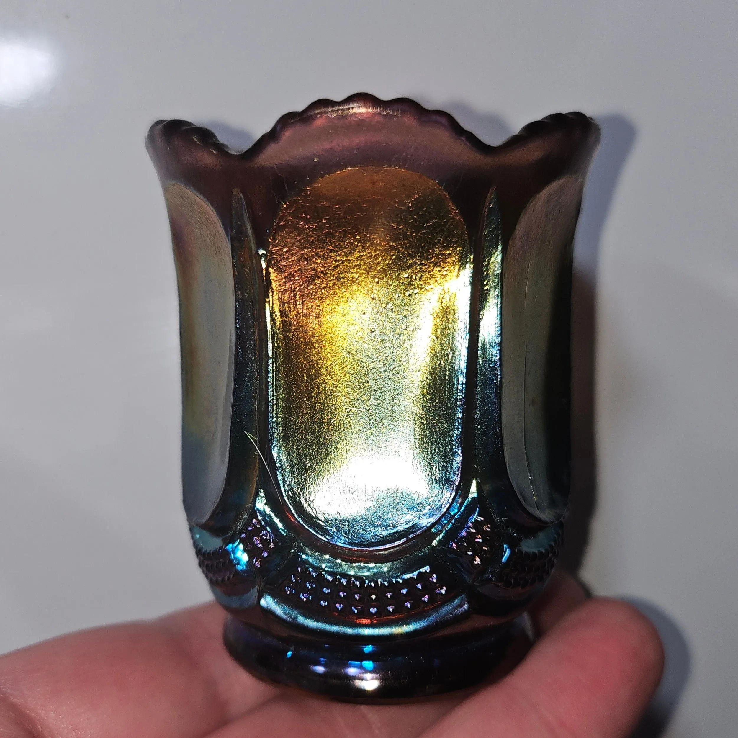 Product image for VTG Iridescent Carnival Glass UNSIGNED Robert Hansen HTF Miniature Paneled Amethyst Toothpick Holder