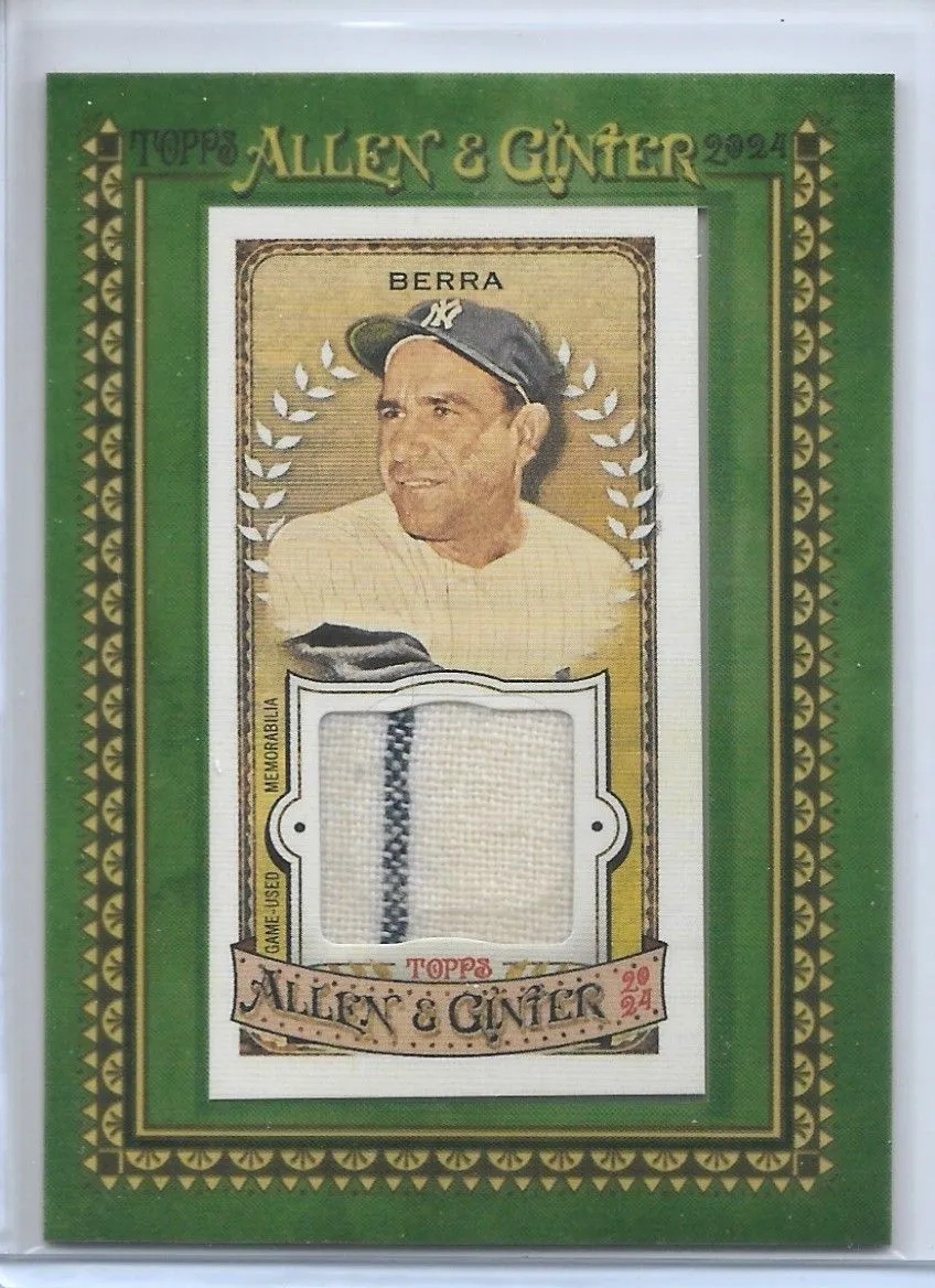 Product image for Topps Allen & Ginter 2024 Yogi Berra (New York Yankees) Mini Framed Pin Stripe Jersey Relic Card