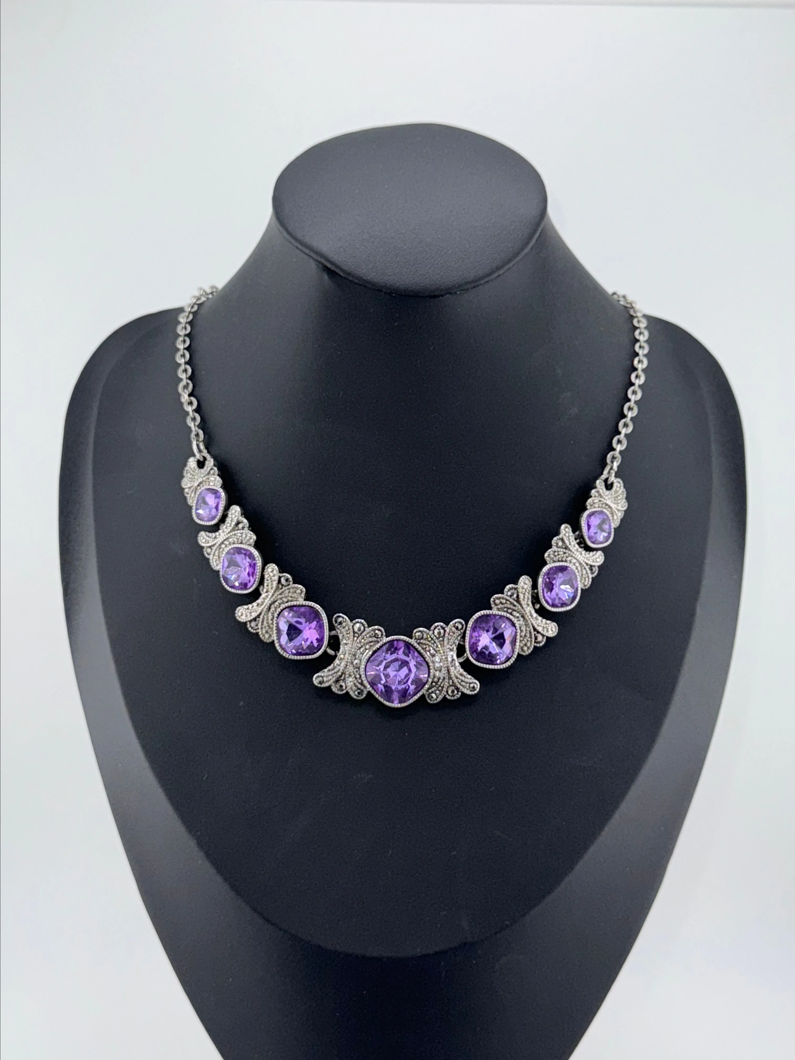Product image for #3. Crown Trifari amethyst like marcasite silver tone necklace