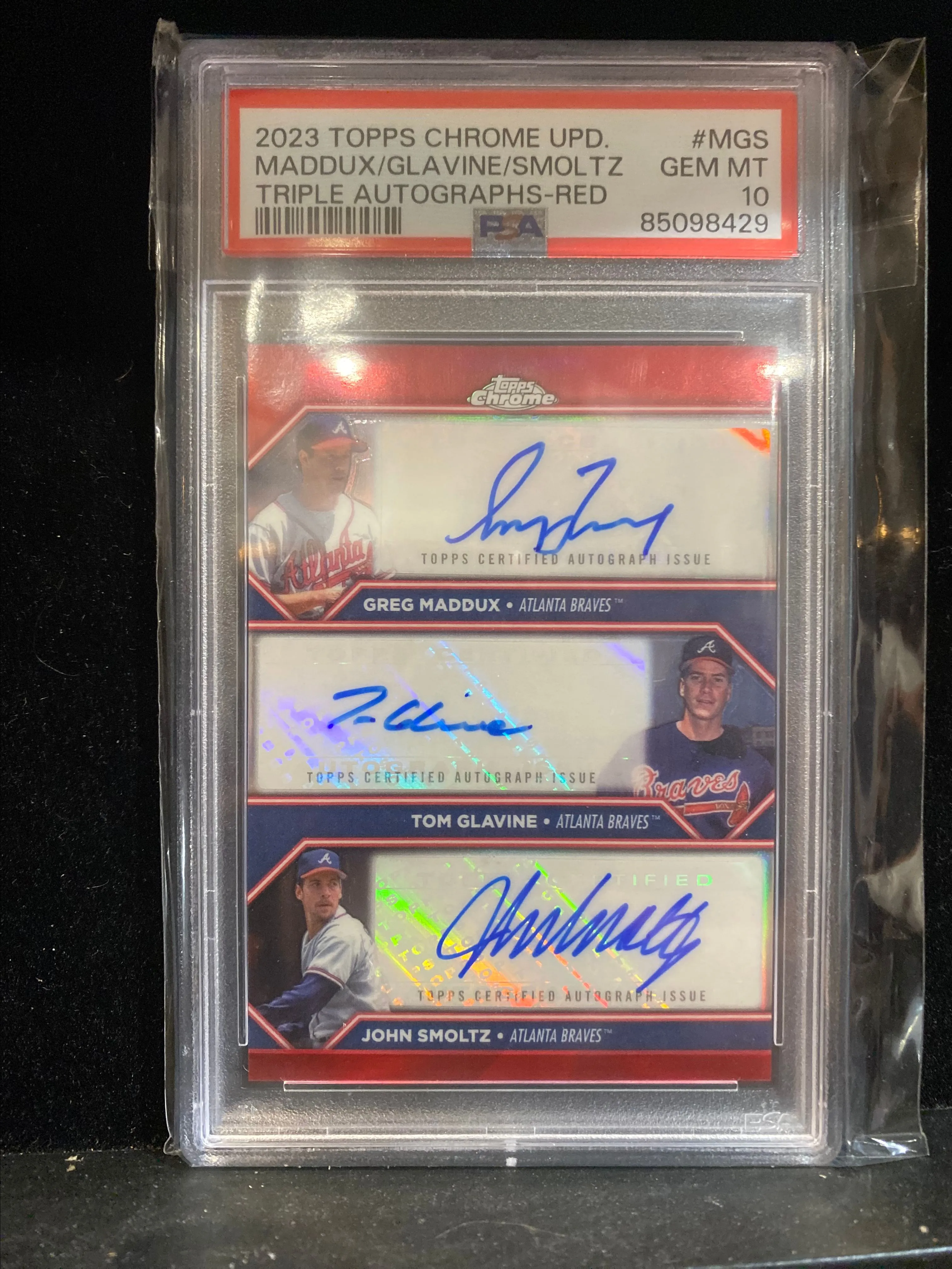 Product image for 2023 topps chrome update Maddux/glavine/smoltz auto red /5 psa 10
