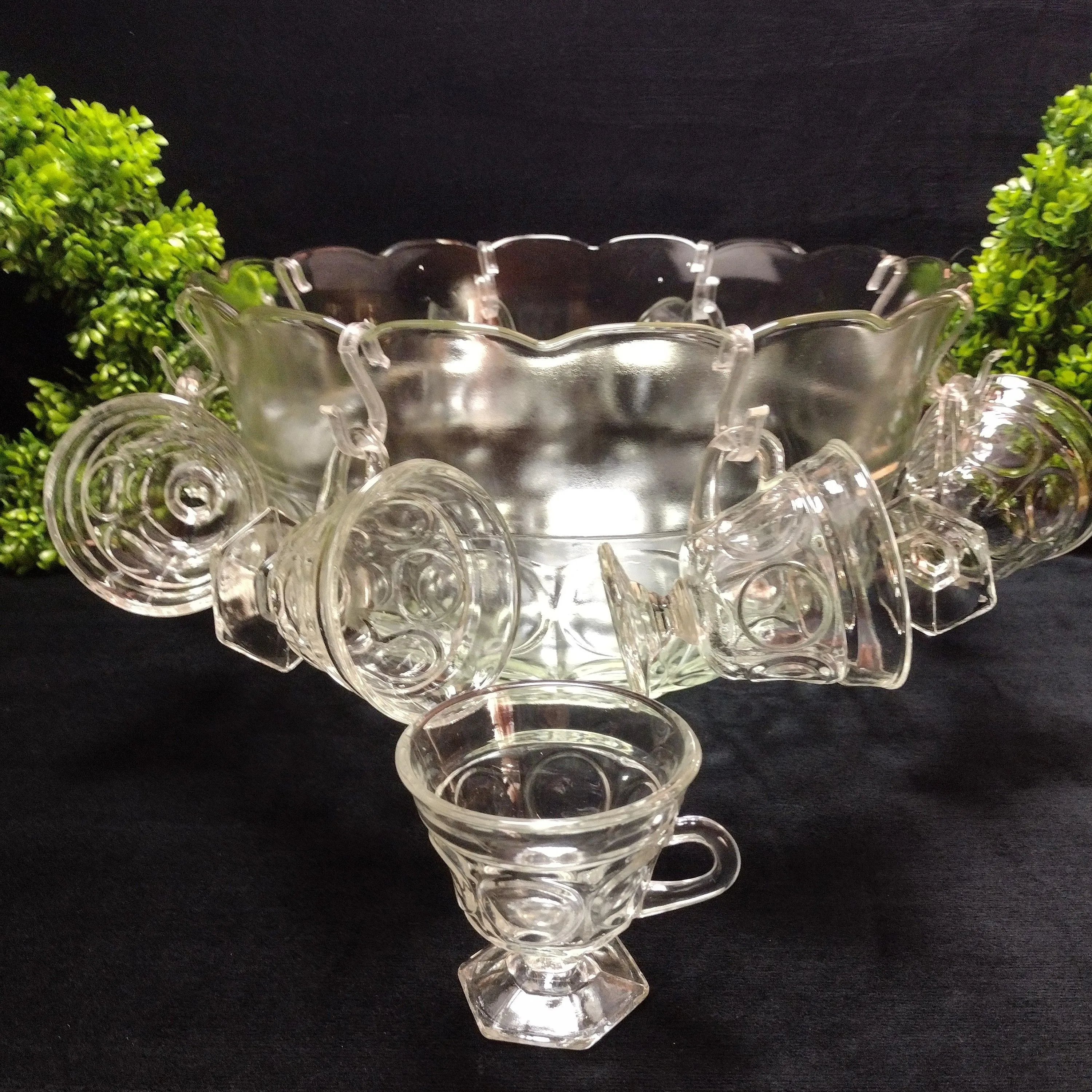 Product image for vintage pressed Glass punch bowl with glasses