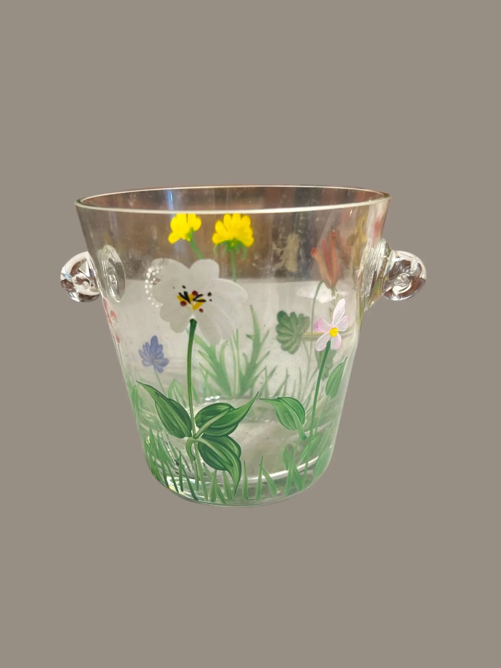 Product image for 226 royal Danube Romanian hand painted glass floral garden ice bucket to handles 6" x 4.75"