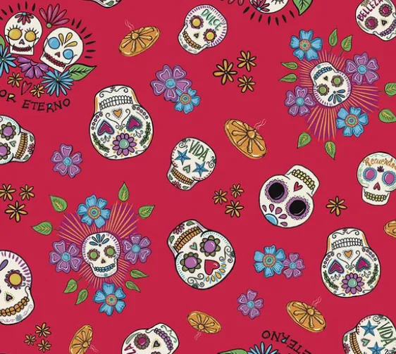Product image for 1/2 yard - amor eterno skulls on red fabric. day of the dead