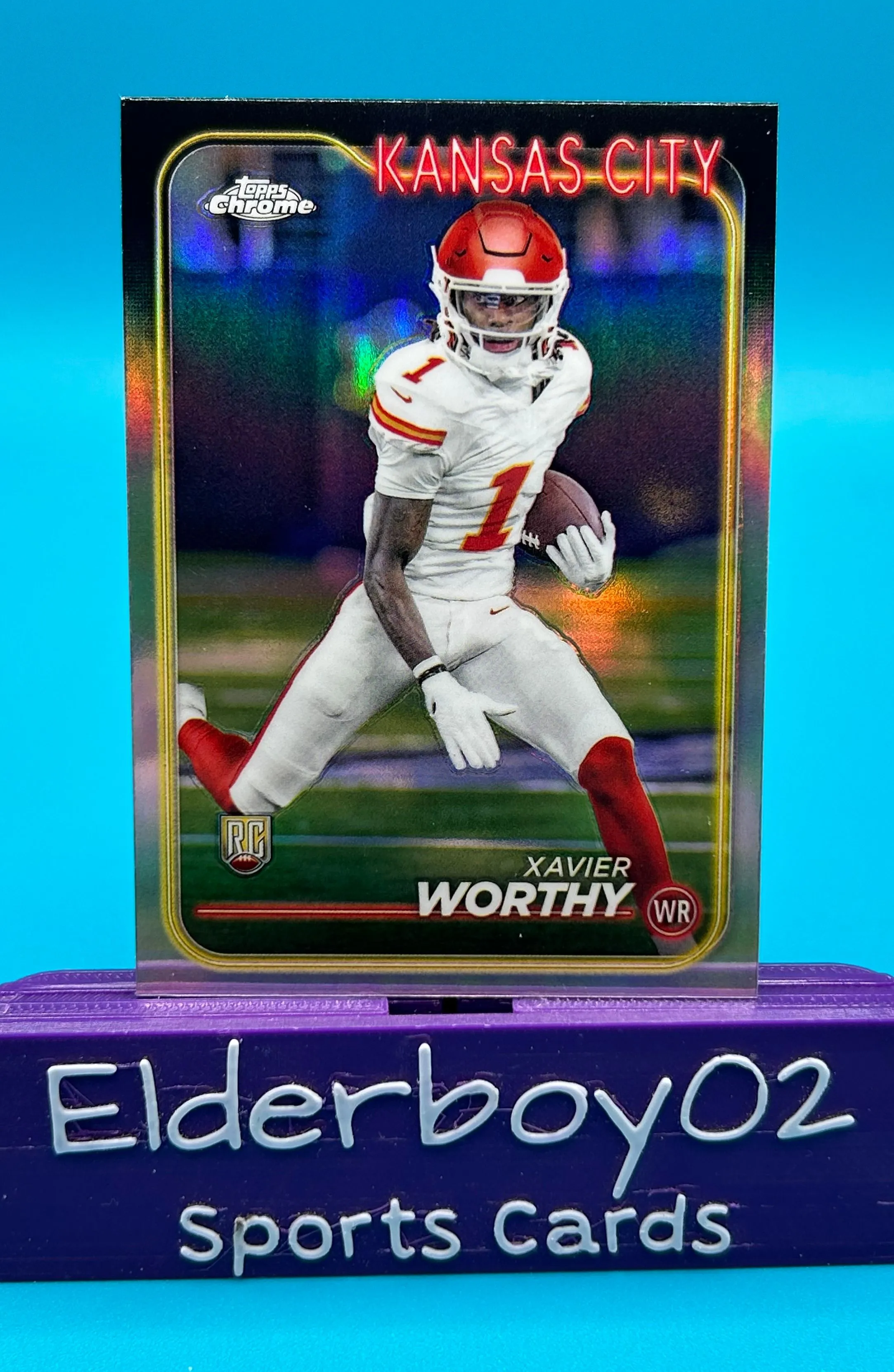 Product image for Xavier Worthy Rookie Refractor 2024 Topps Chrome Football Kansas City Chiefs Texas Longhorns