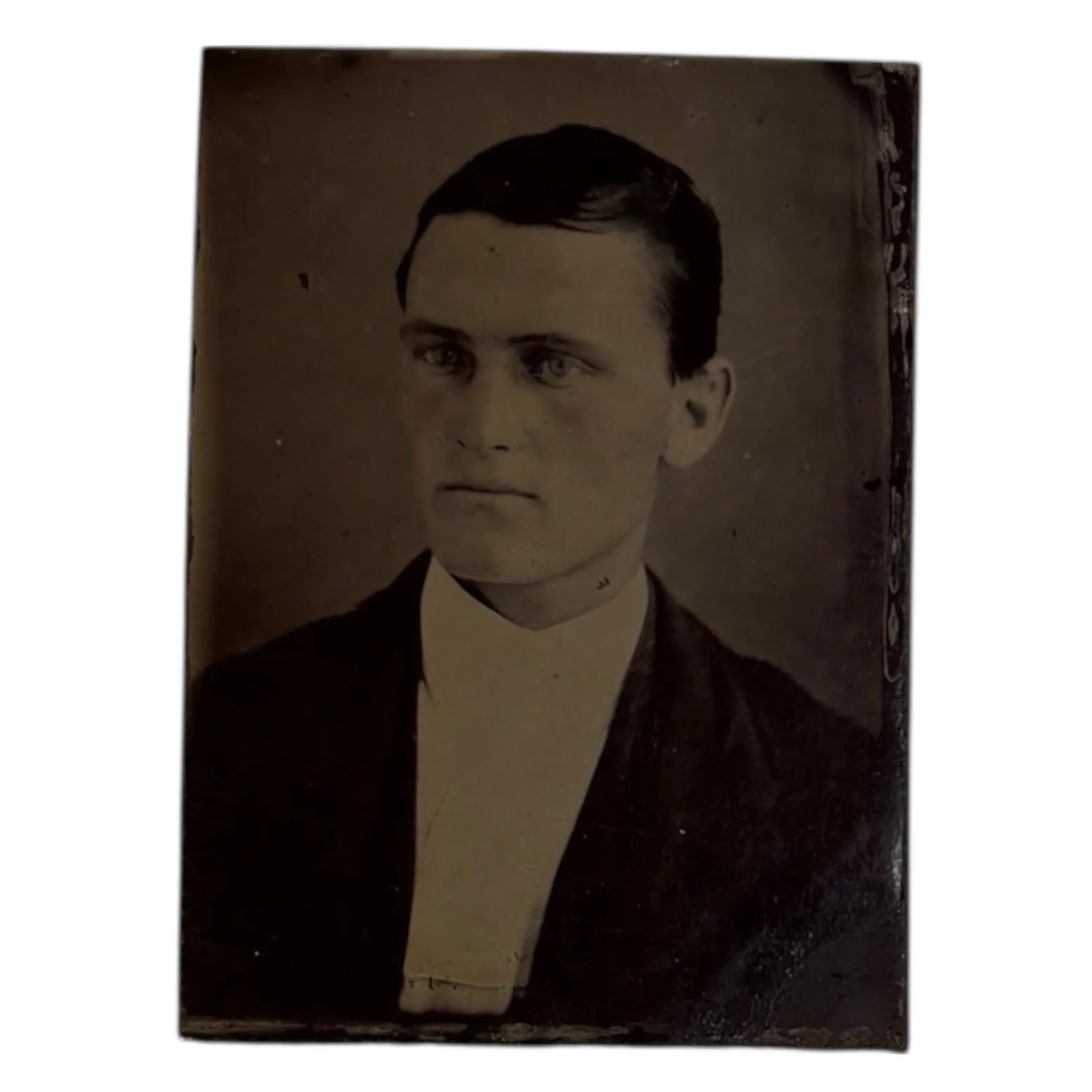 Product image for Handsome Gentleman Tin Type * Tinted Color in Cheeks * 1 5/8 x 2 3/8 * Sharp & Clear