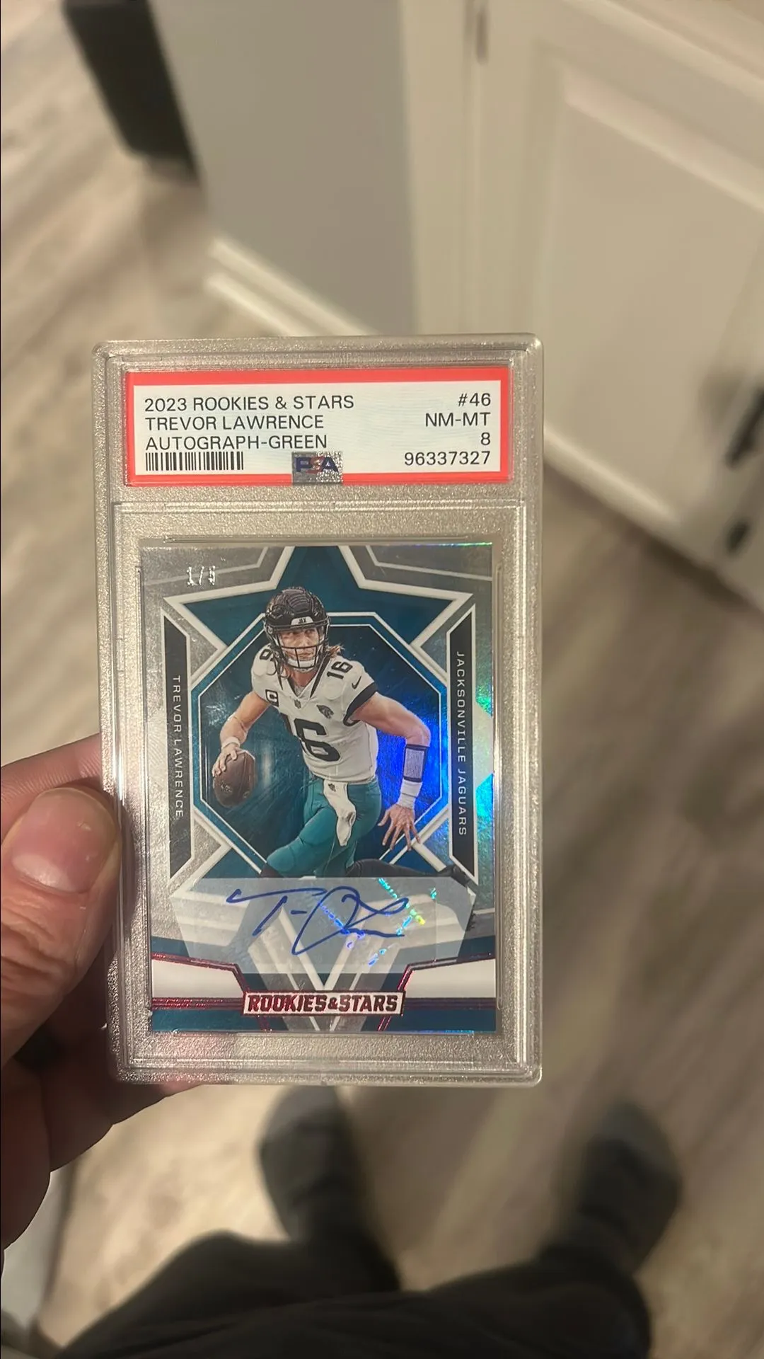 Product image for 2023 Panini Rookies & Stars Trevor Lawrence 46 Autograph-Green PSA NM-MT 8