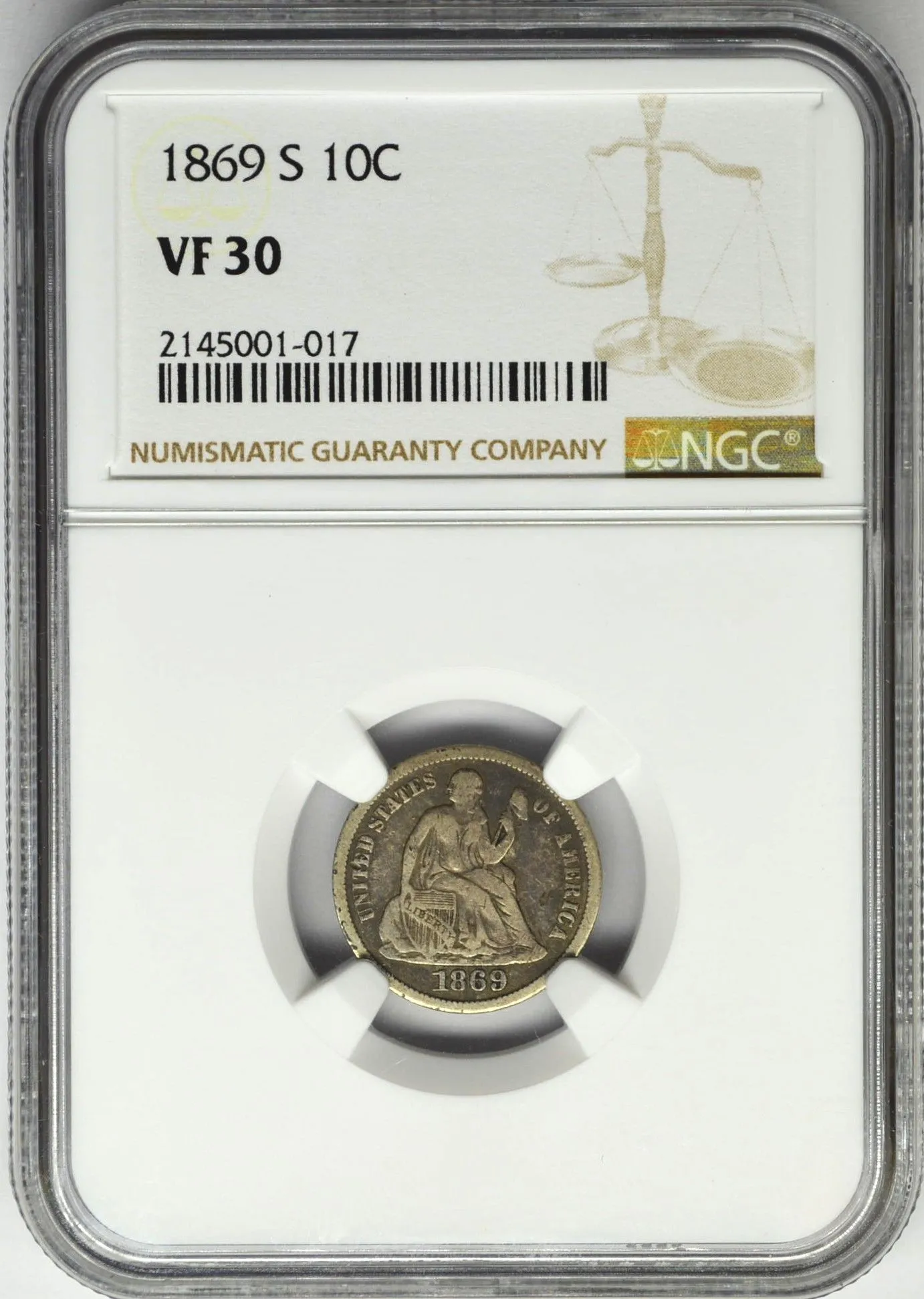 Product image for 1869 S SEATED LIBERTY DIME 10C NGC VF 30