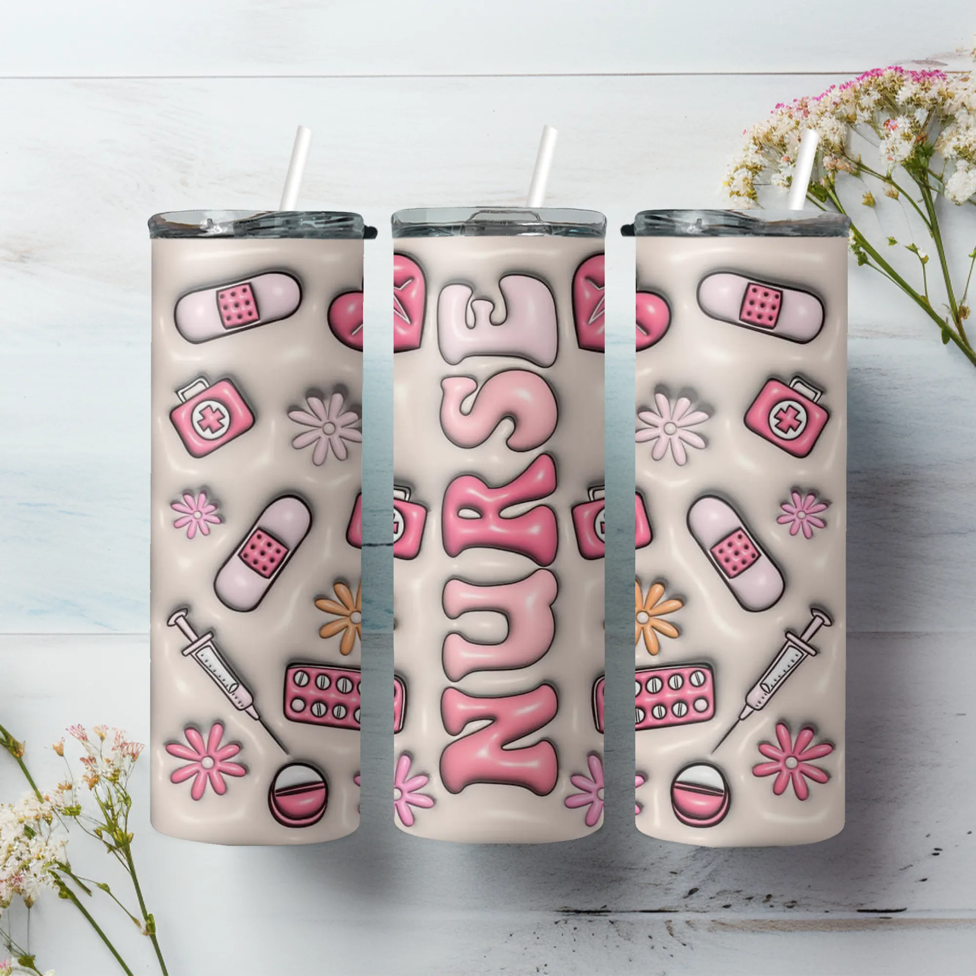 Product image for Nurse 3d inflated 20oz stainless steel reusable tumbler with lid and straw