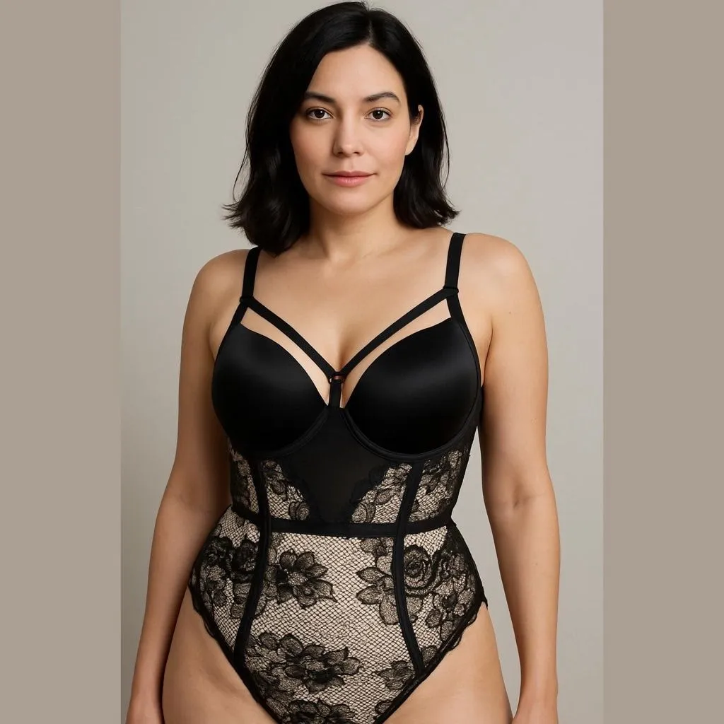 Product image for Women's Victoria's Secret Black & Beige Lace Bodysuit XL