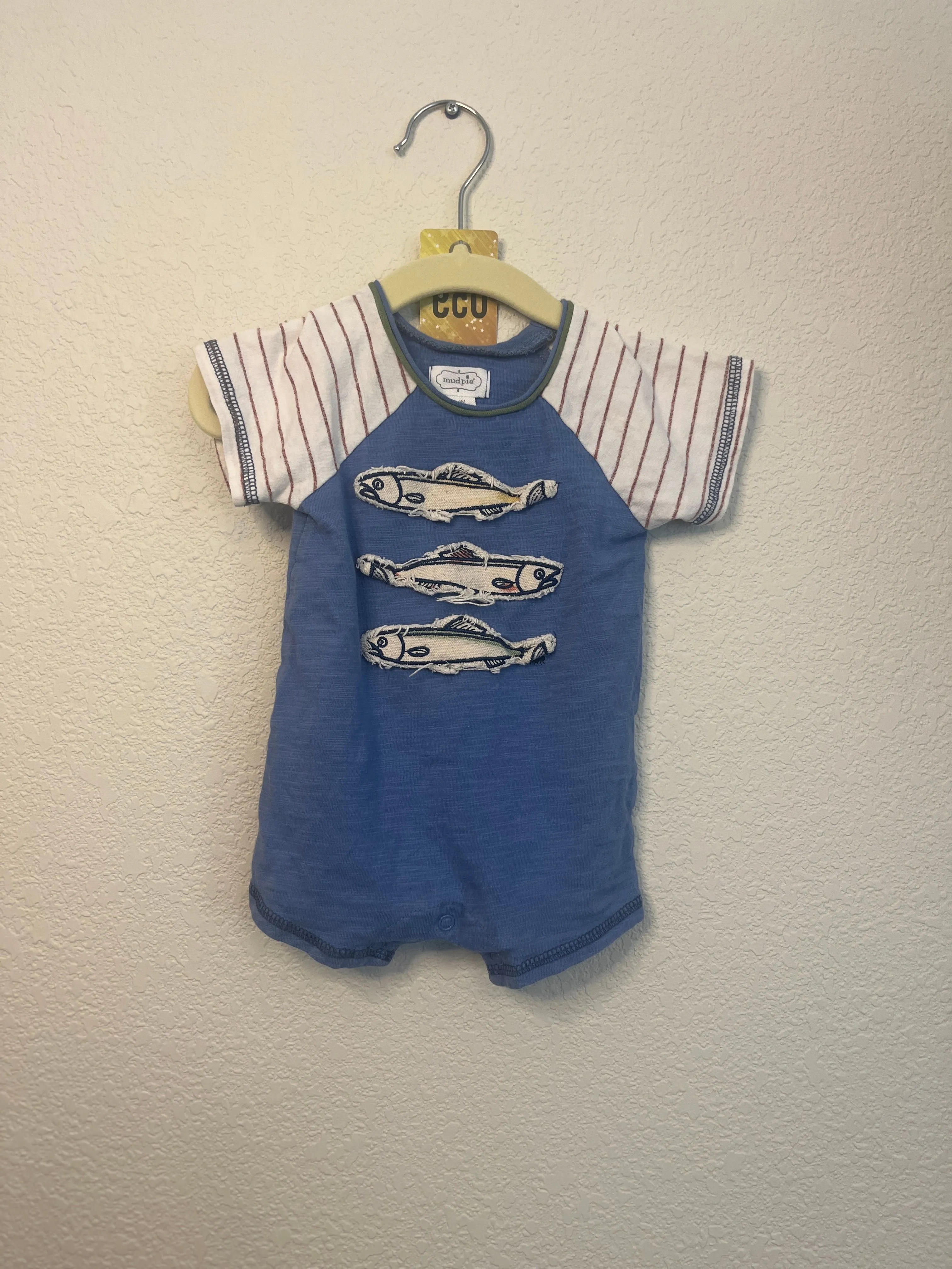 Product image for Box A: 148: 3-6M mud pie fish romper blue $ 🌴